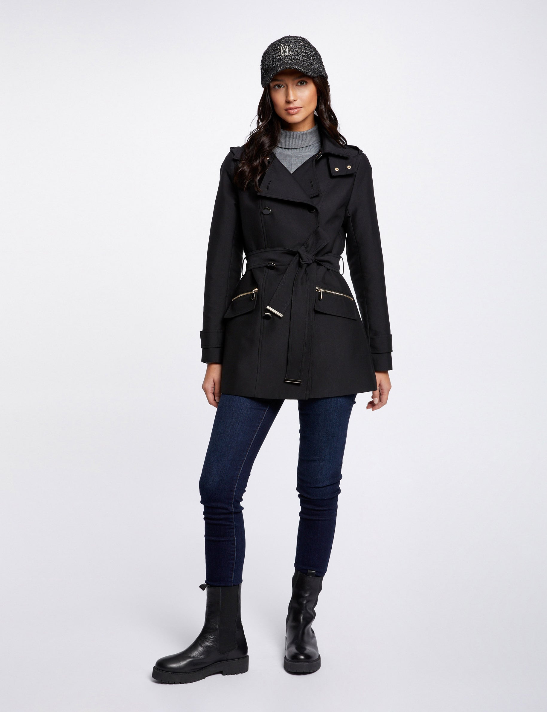 Trench cintr&eacute; ceintur&eacute; &agrave; capuche noir femme