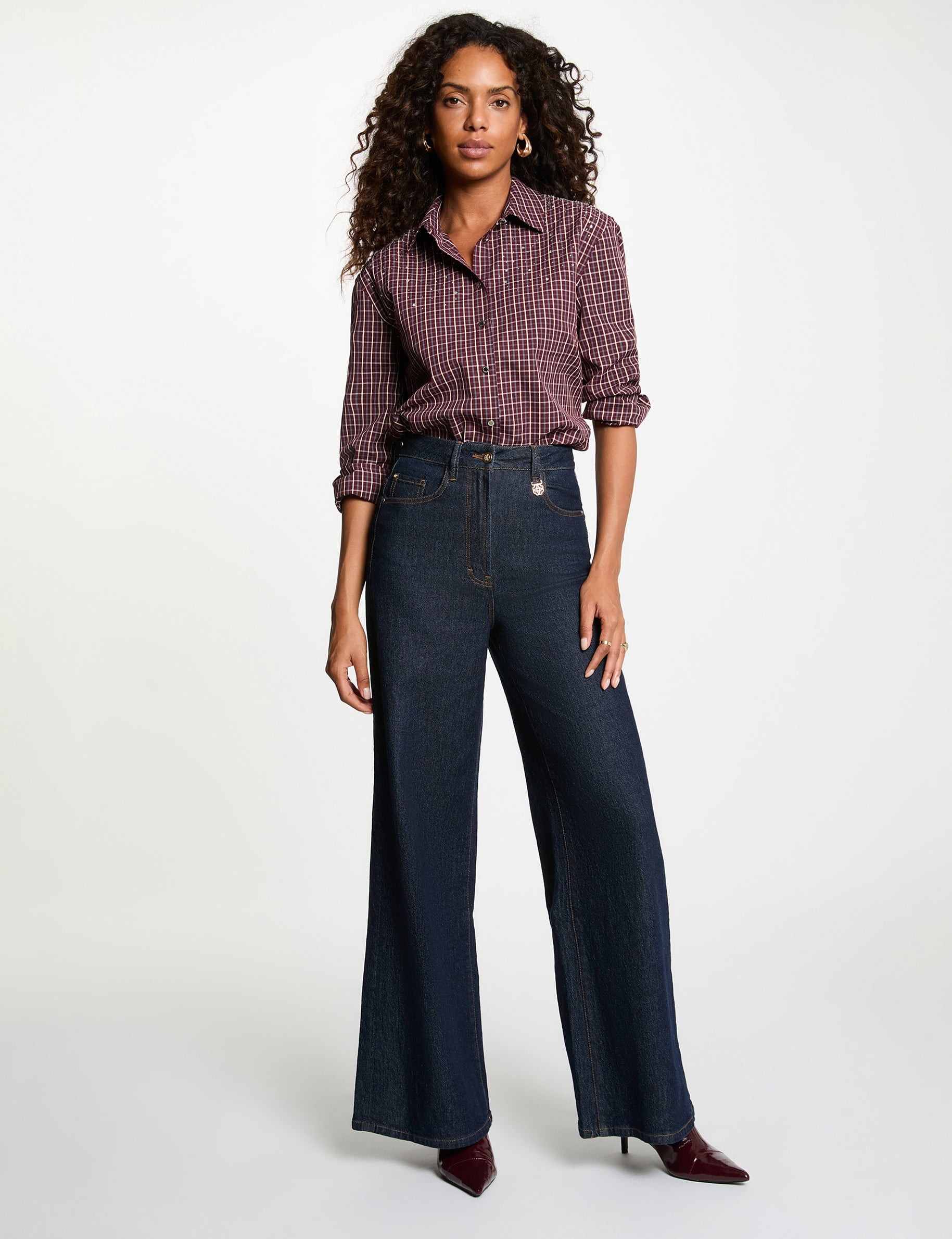 Chemise &agrave; carreaux strass bordeaux femme
