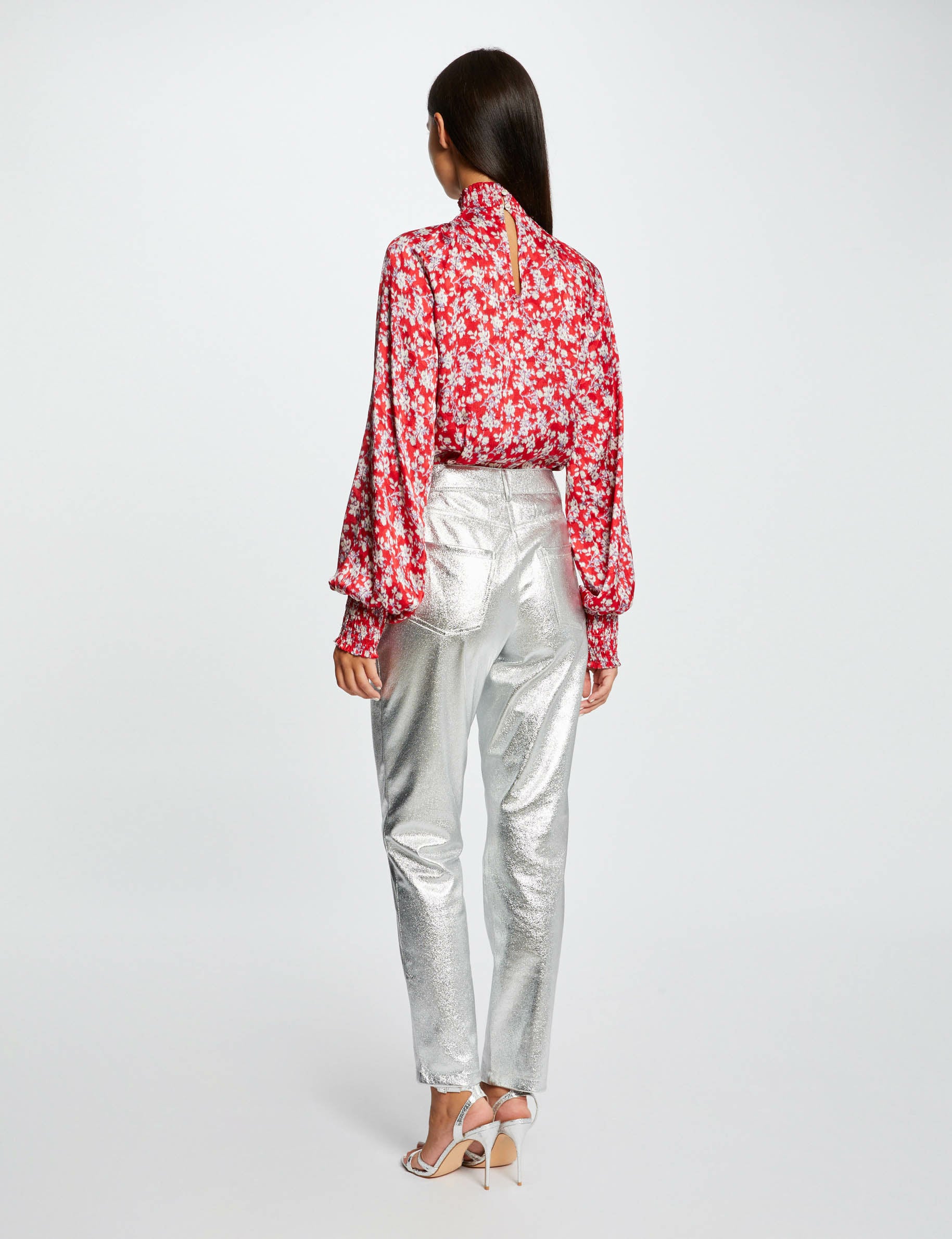 Pantalon droit simili cuir m&eacute;tallis&eacute; argente femme