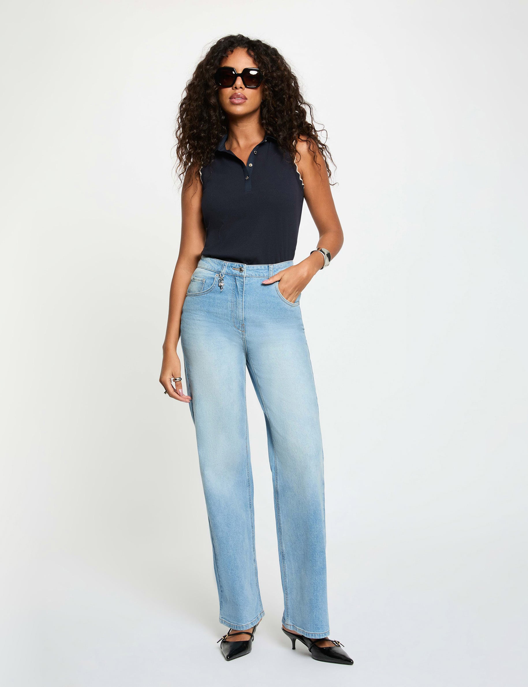 Top sans manches col revers bleu marine femme