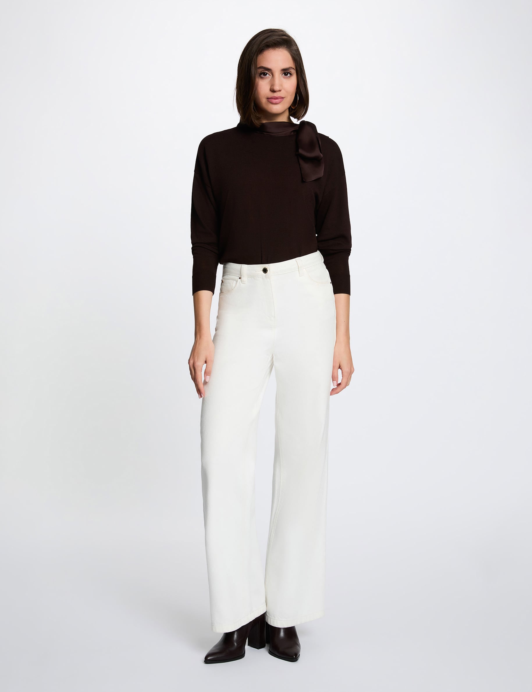 Pull col rond manches longues marron fonc&eacute; femme