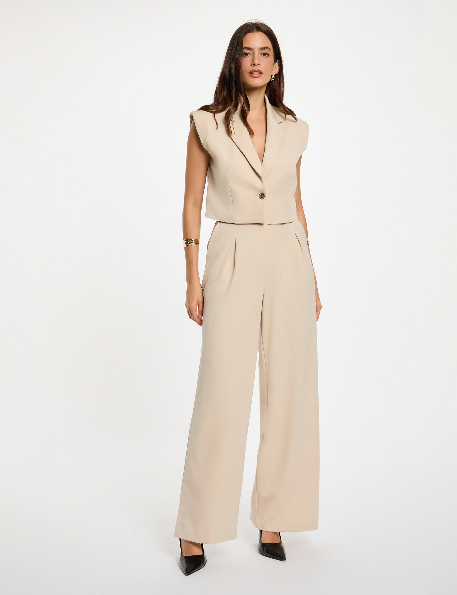 Veste cropped sans manches beige femme
