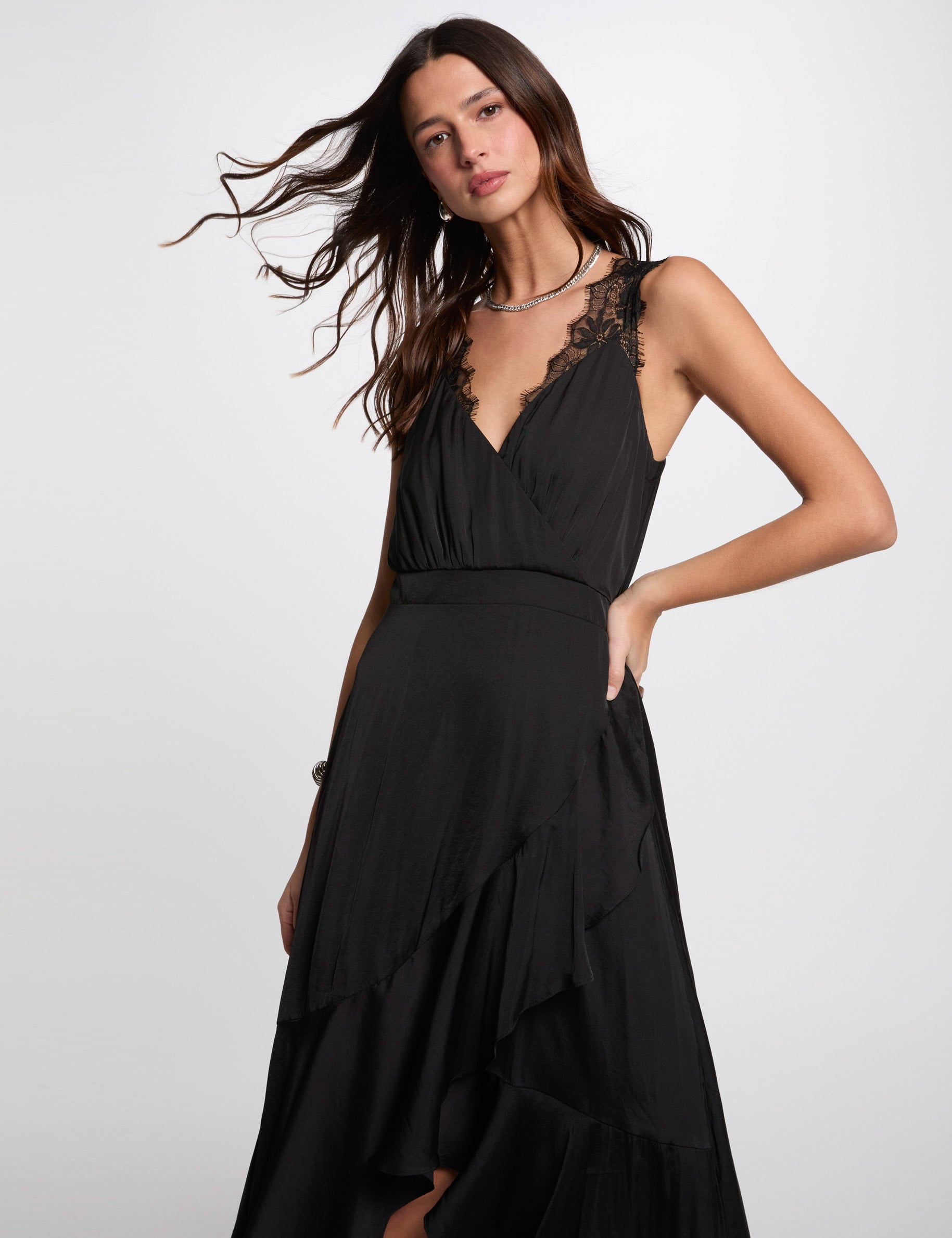 Robe longue droite fluide noir femme
