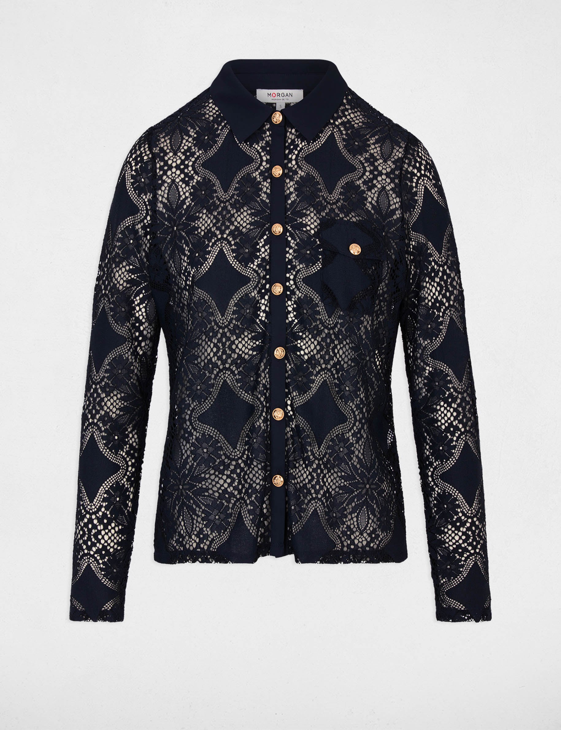 Chemise dentelle col &agrave; revers bleu marine femme