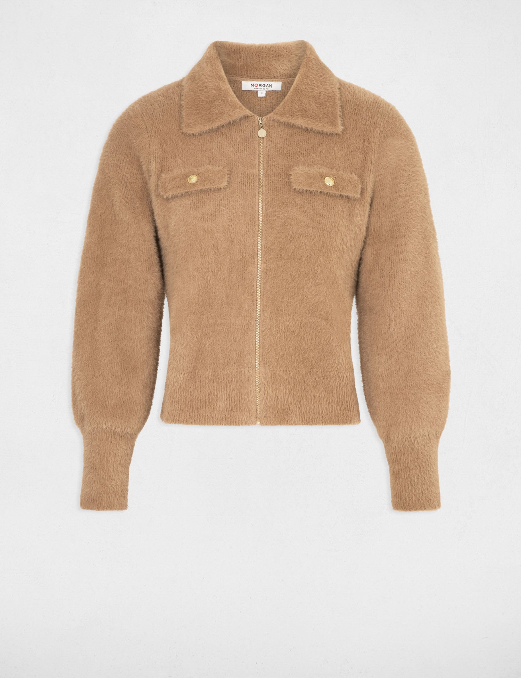 Gilet manches longues col &agrave; revers camel femme