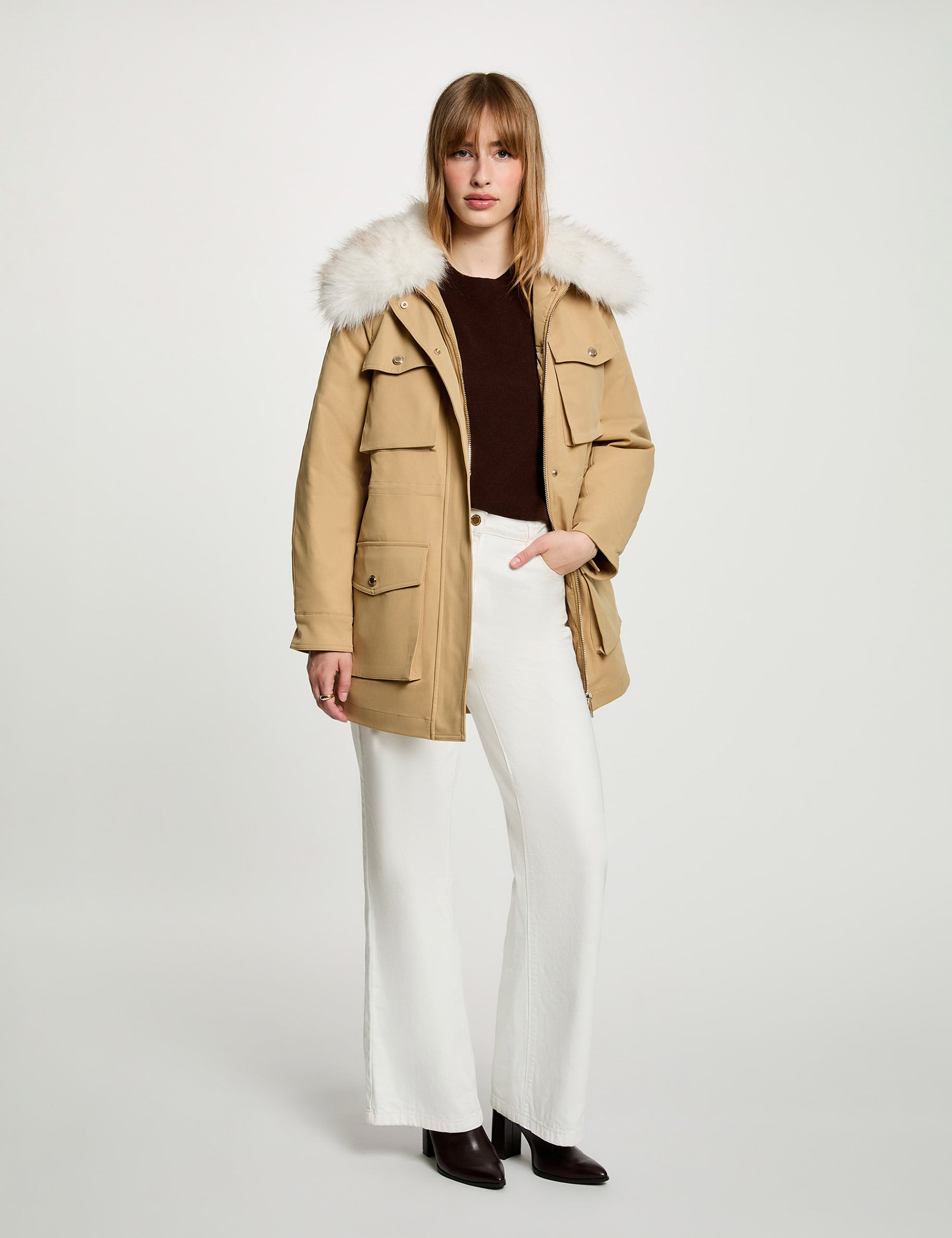 Parka col montant beige femme