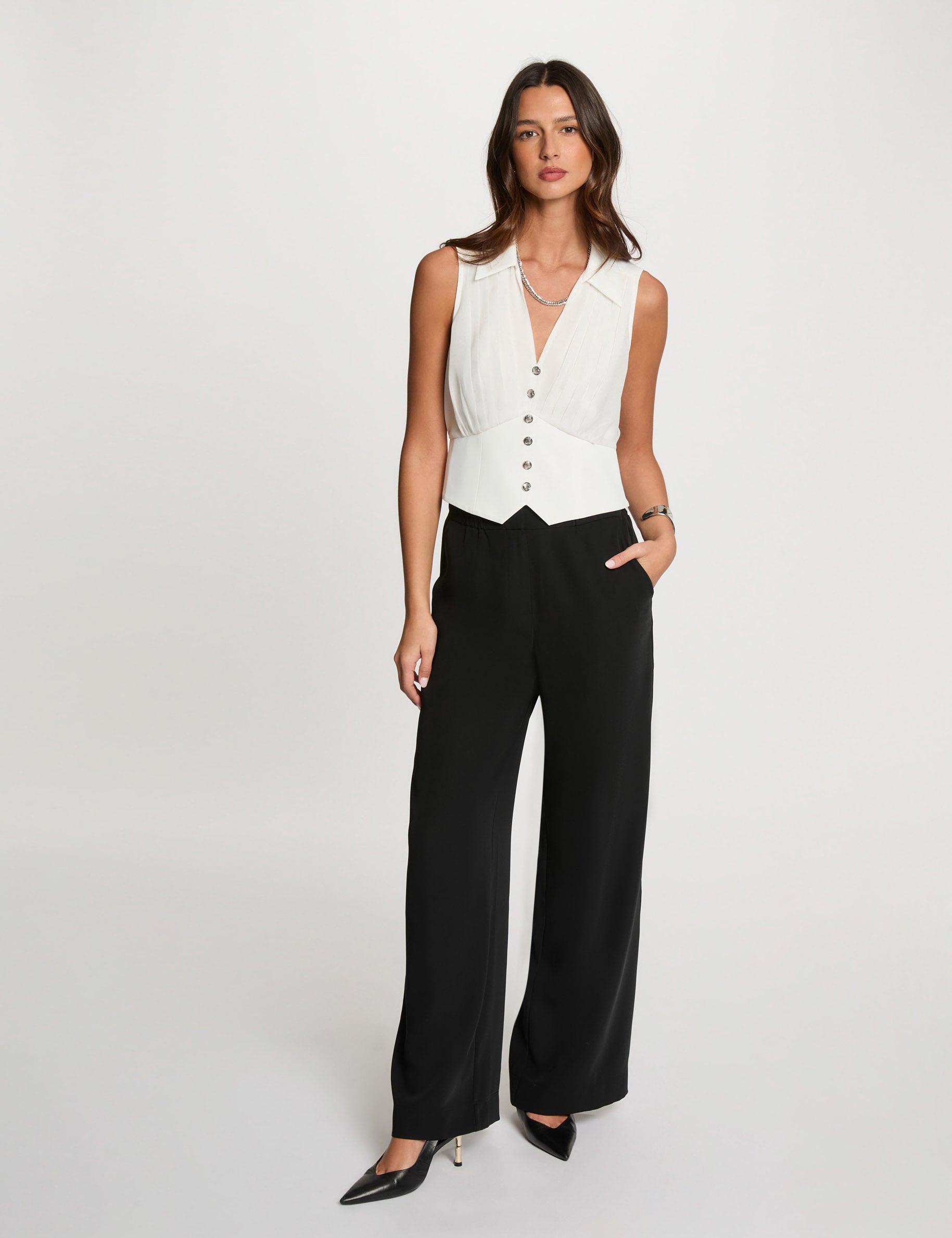 Top pliss&eacute; sans manches blanc femme
