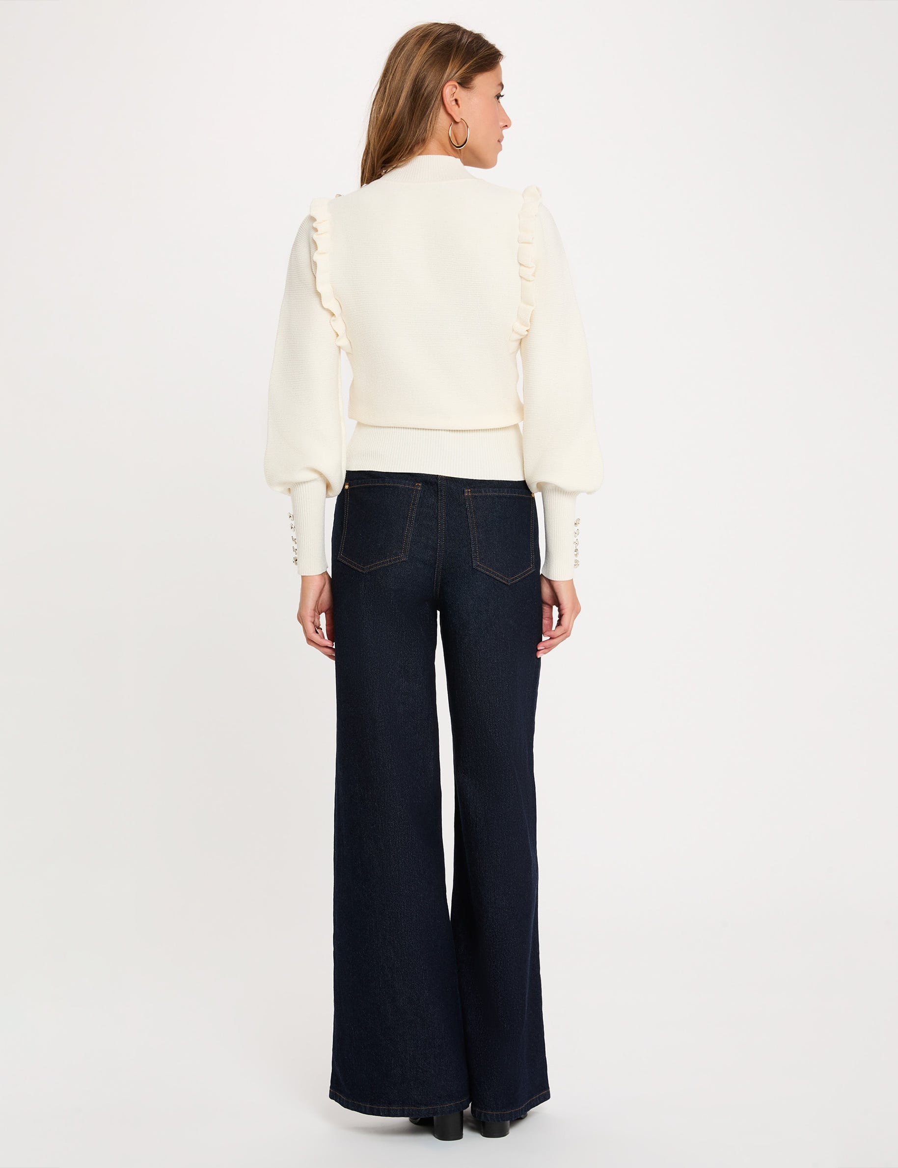 Pull manches longues avec volants ivoire femme