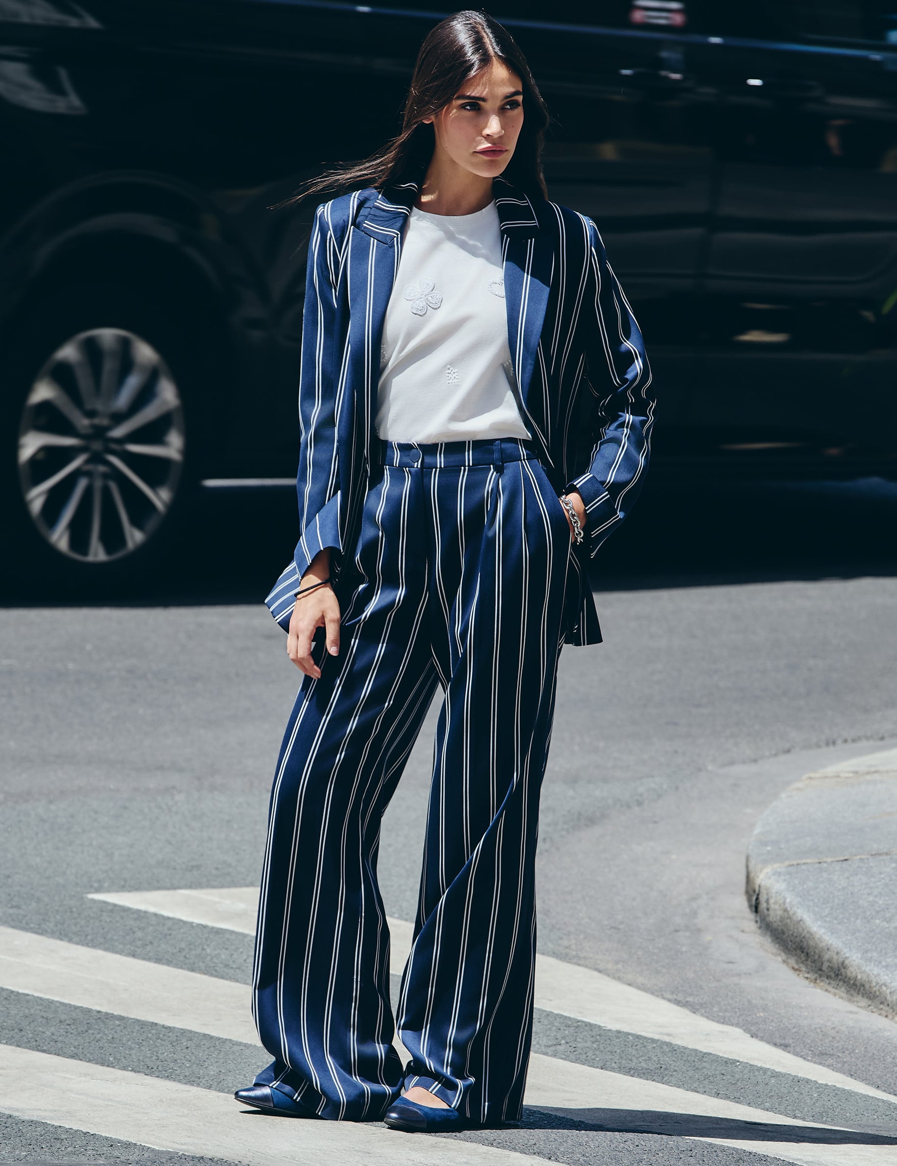 Pantalon large taille haute bleu marine femme