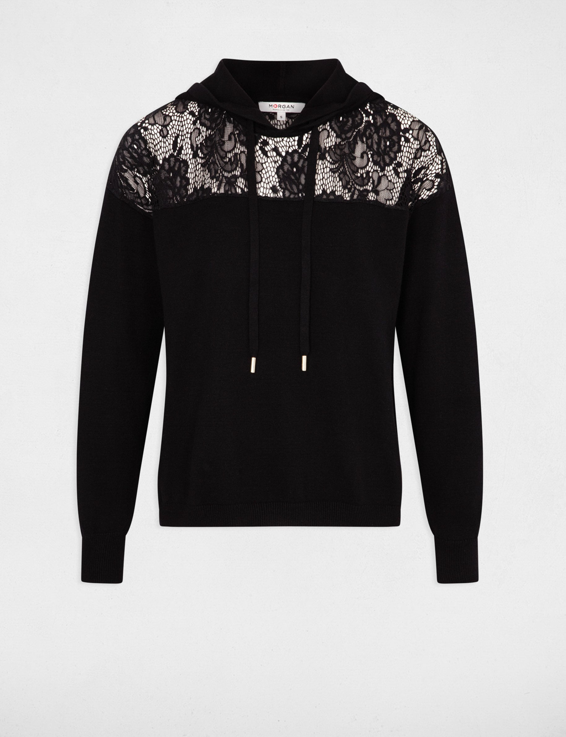 Pull capuche d&eacute;tails dentelle noir femme