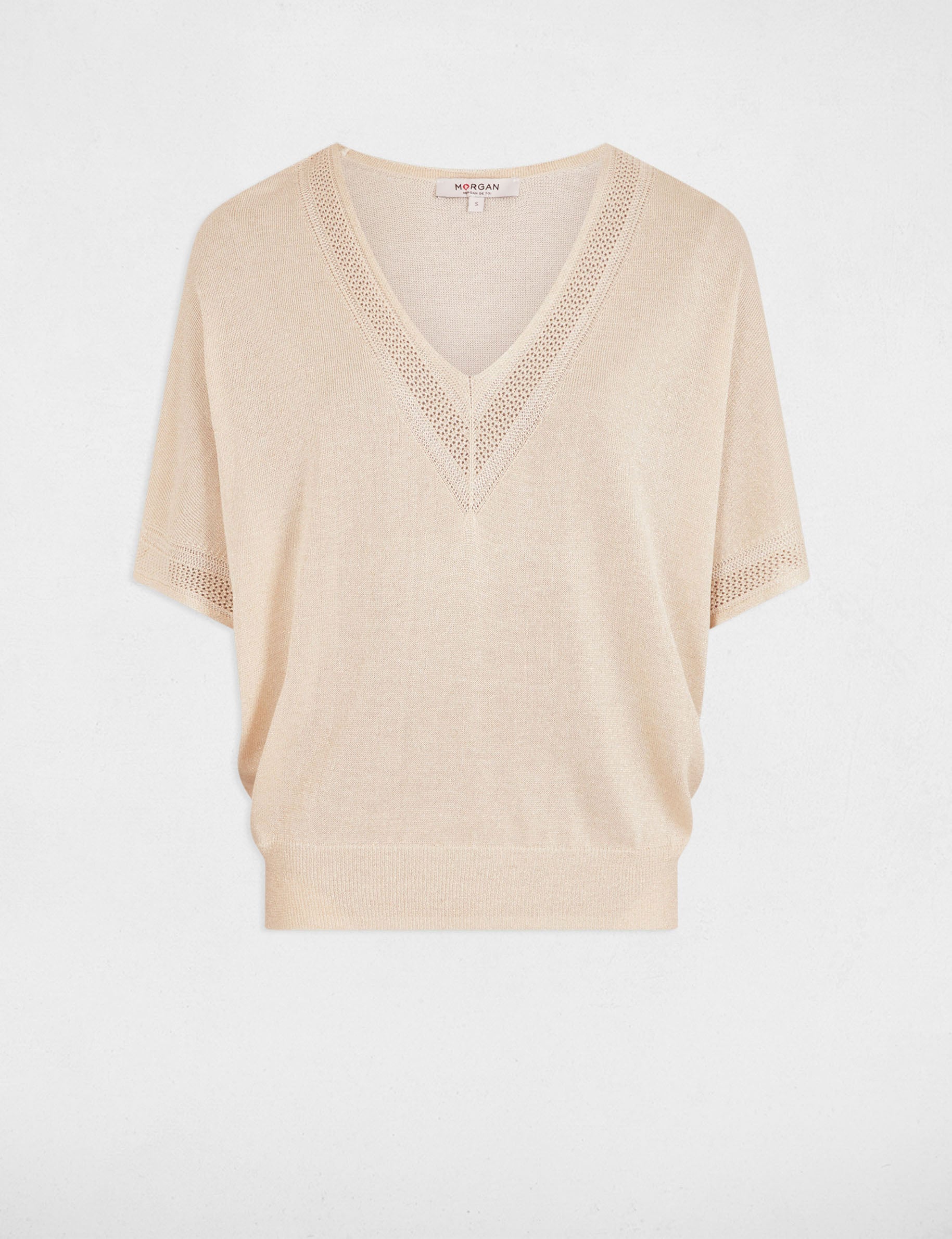 Pull col en V manches courtes ivoire femme