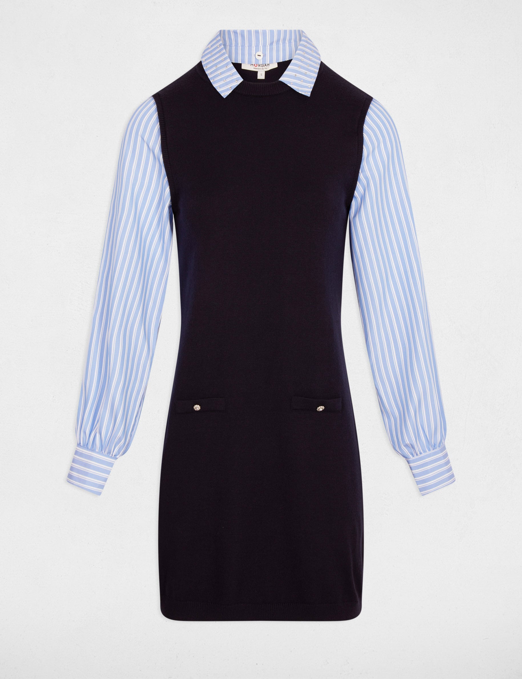 Robe tricot courte cintr&eacute;e bleu marine femme