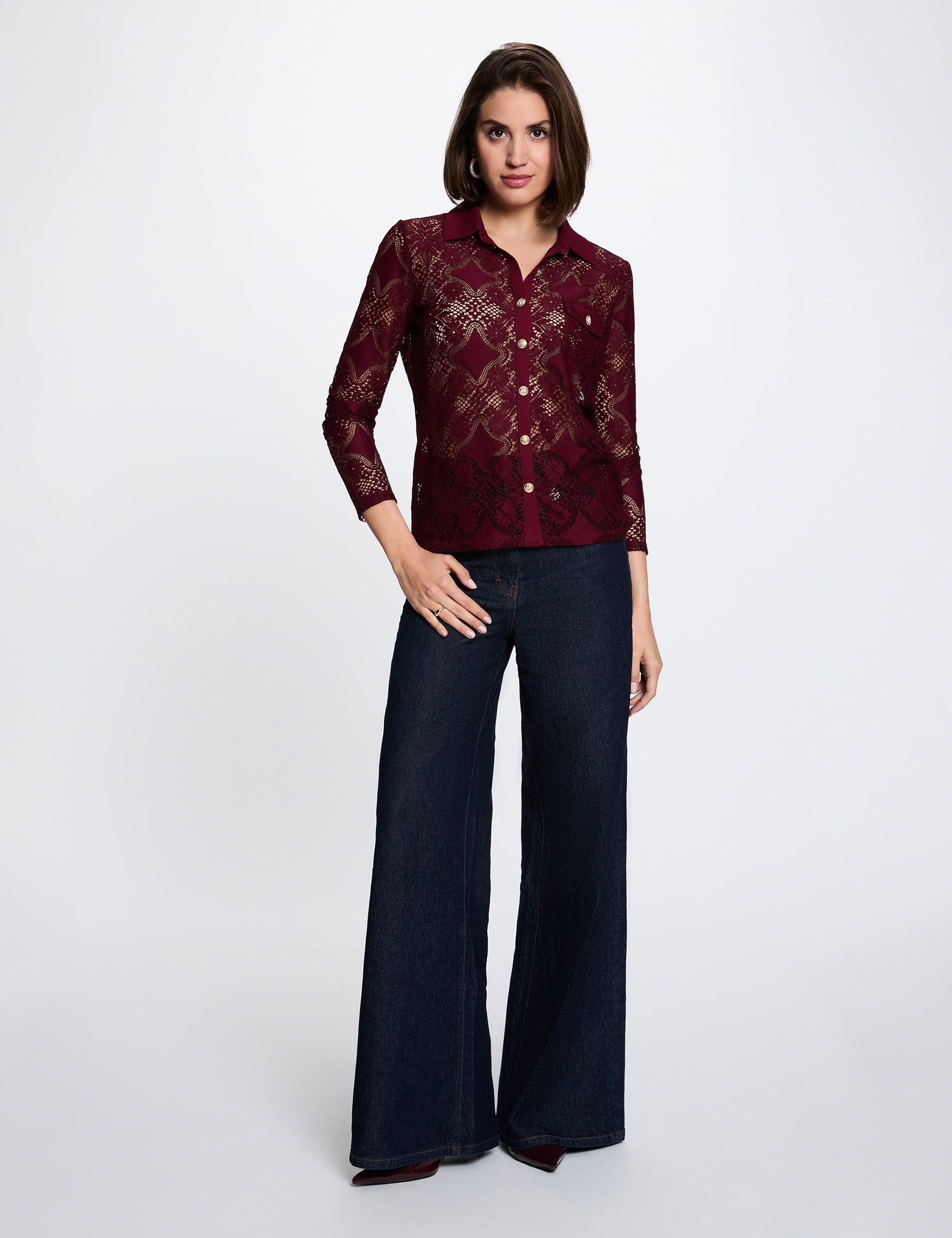 Chemise dentelle col &agrave; revers bordeaux femme