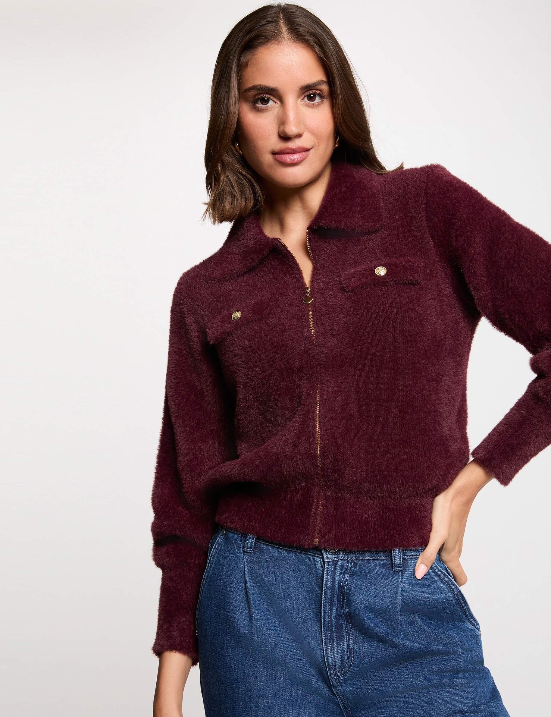 Gilet manches longues col &agrave; revers prune femme