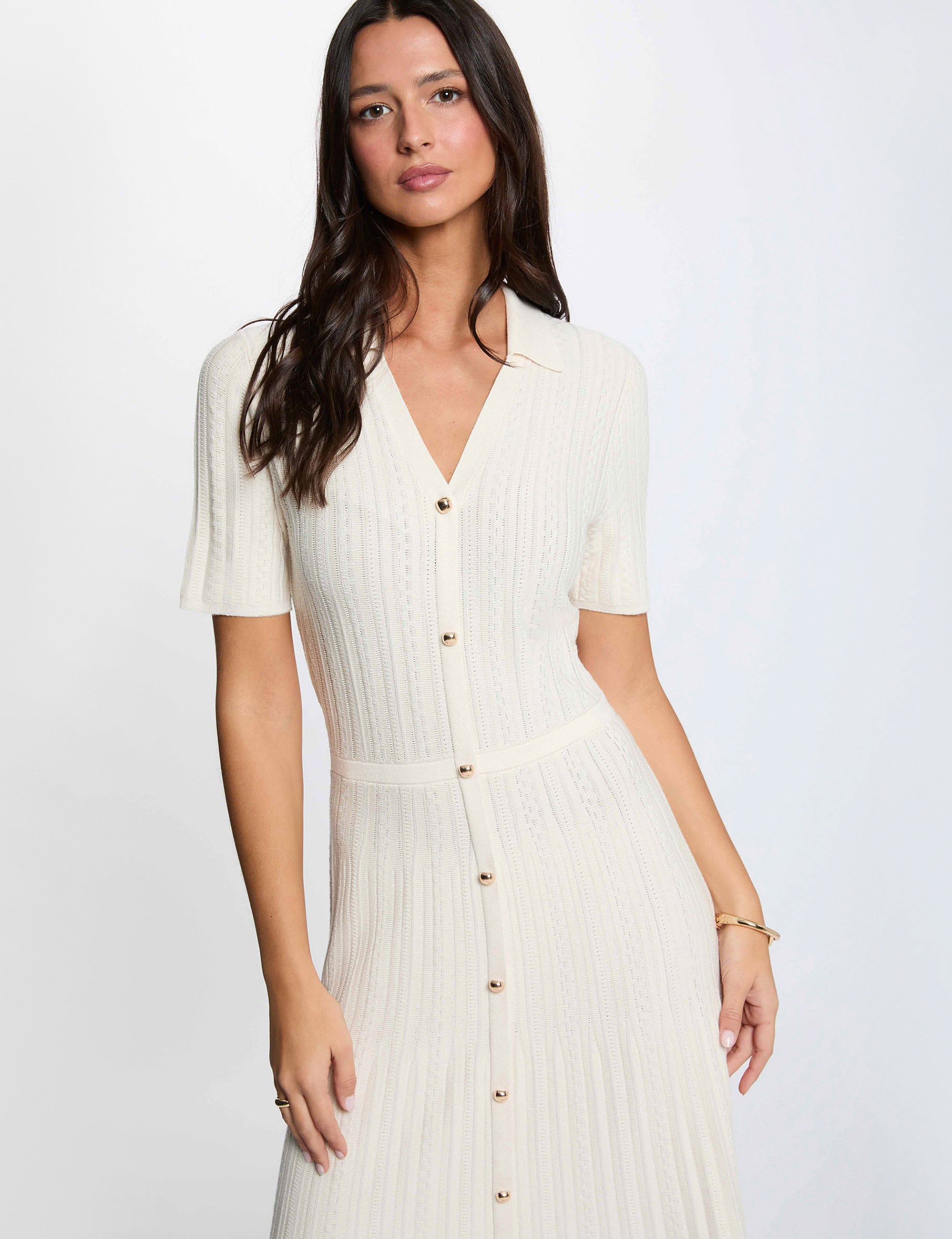 Robe tricot col &agrave; revers ivoire femme