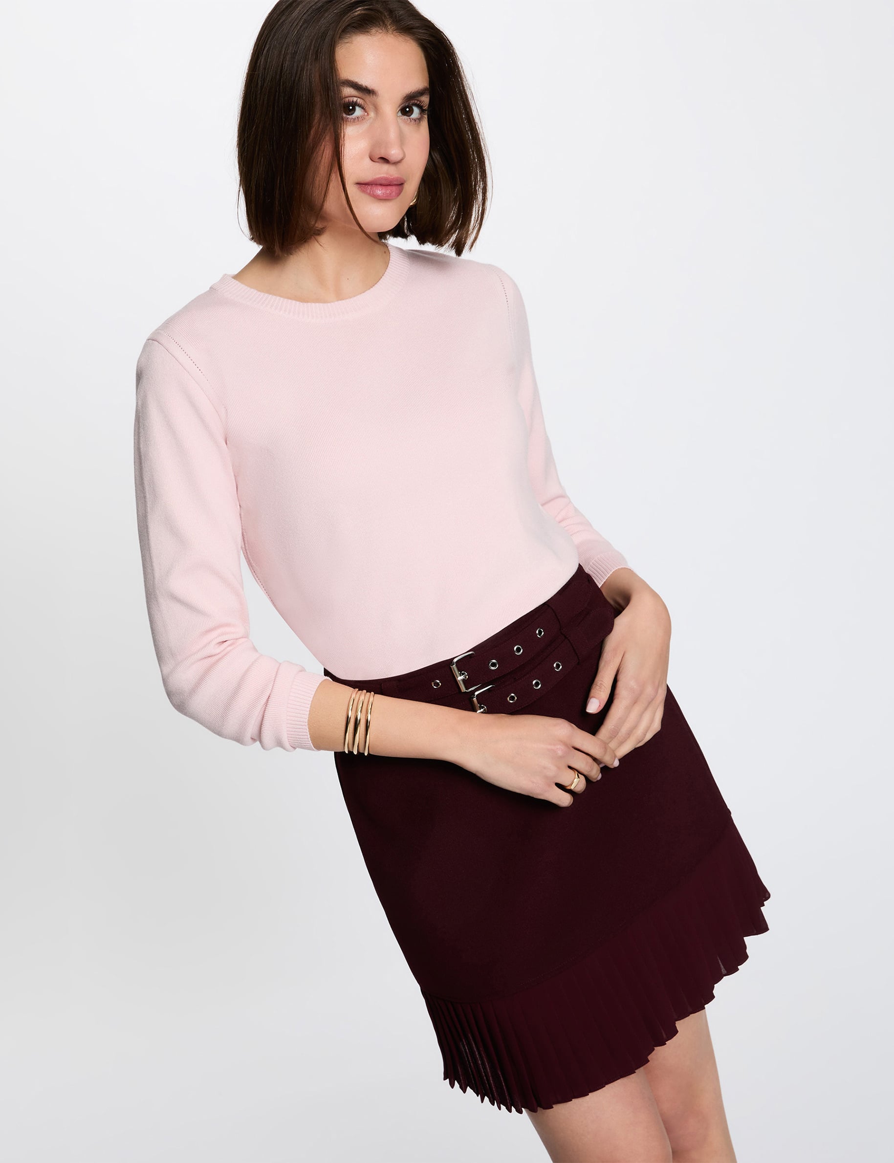 Jupe courte pliss&eacute;e prune femme