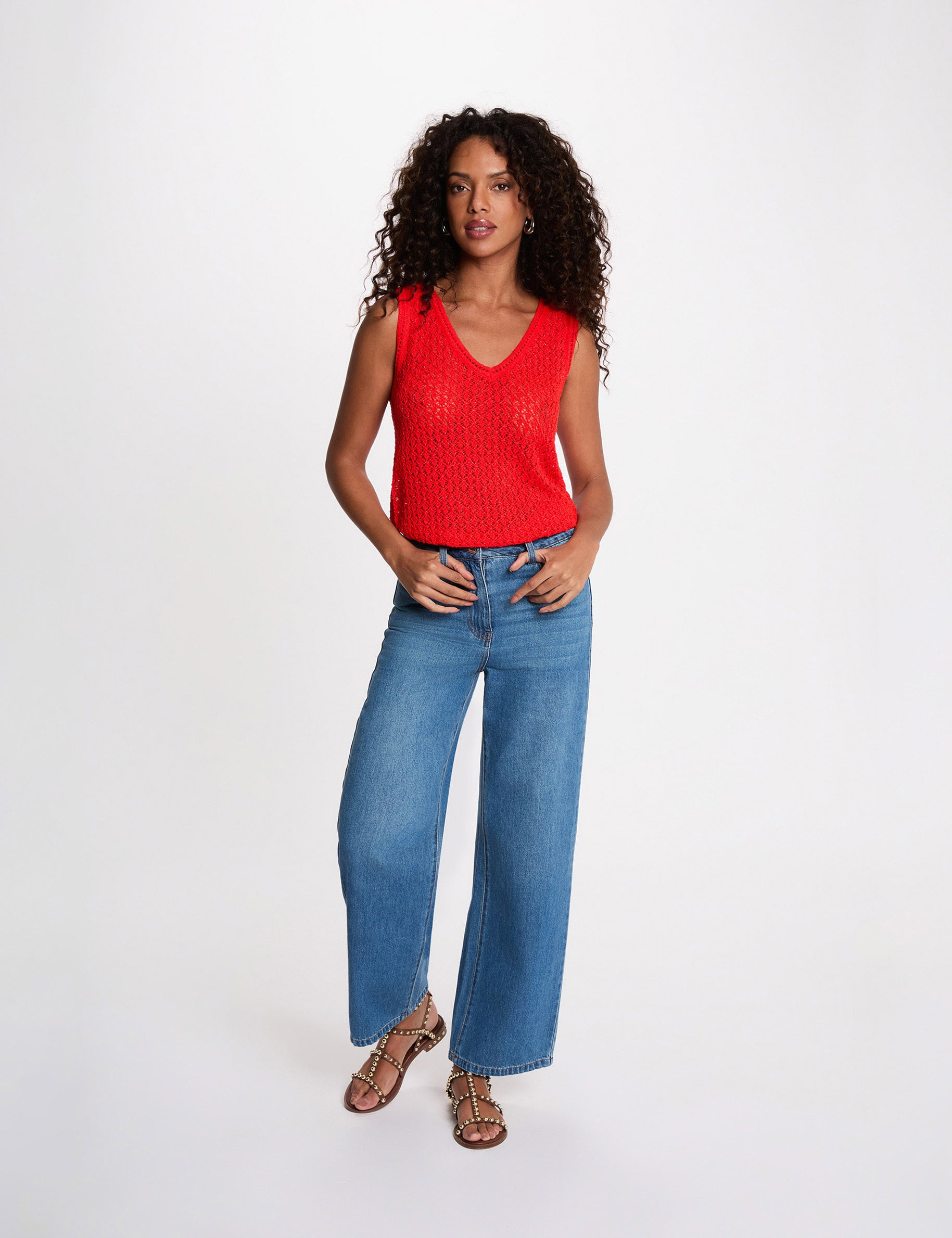 Top crochet col v rouge vif femme