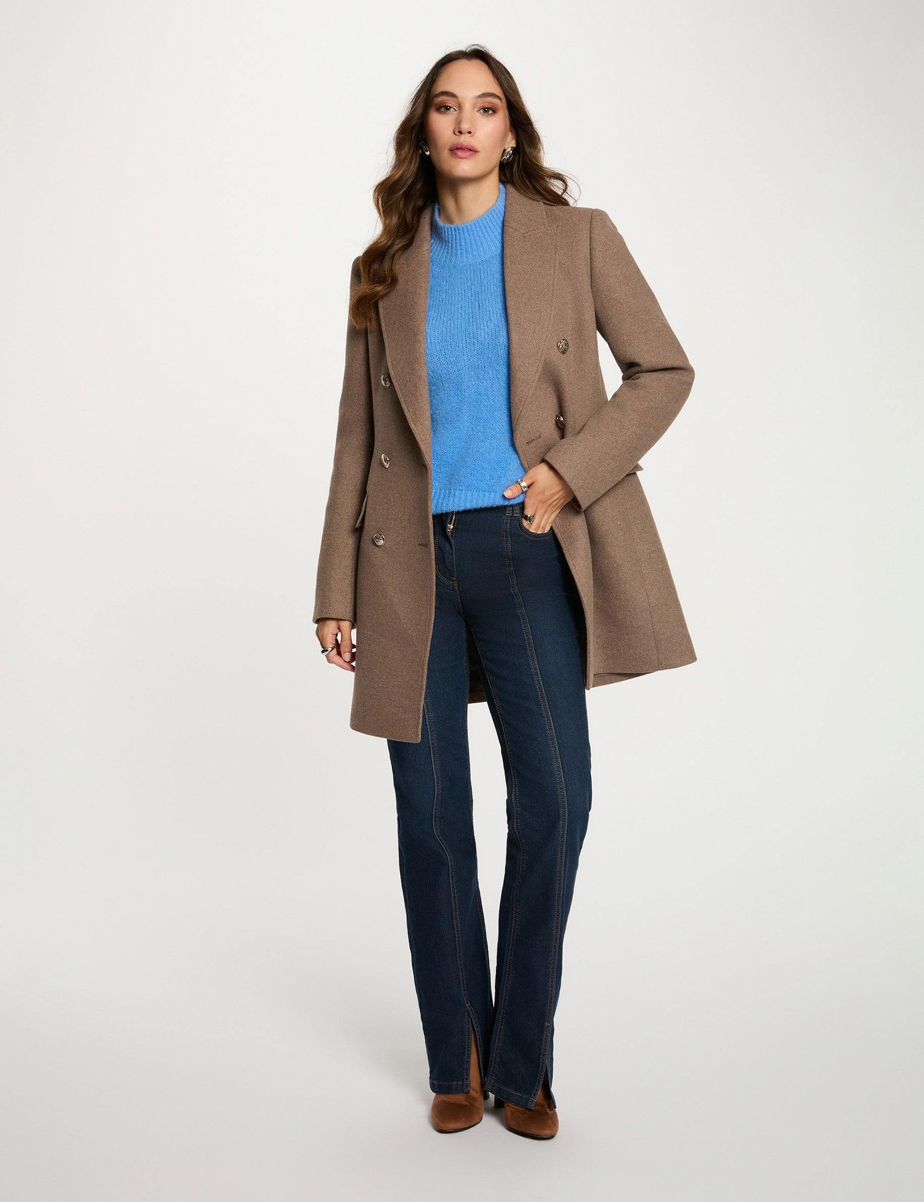 Manteau mi-long avec boutons taupe femme