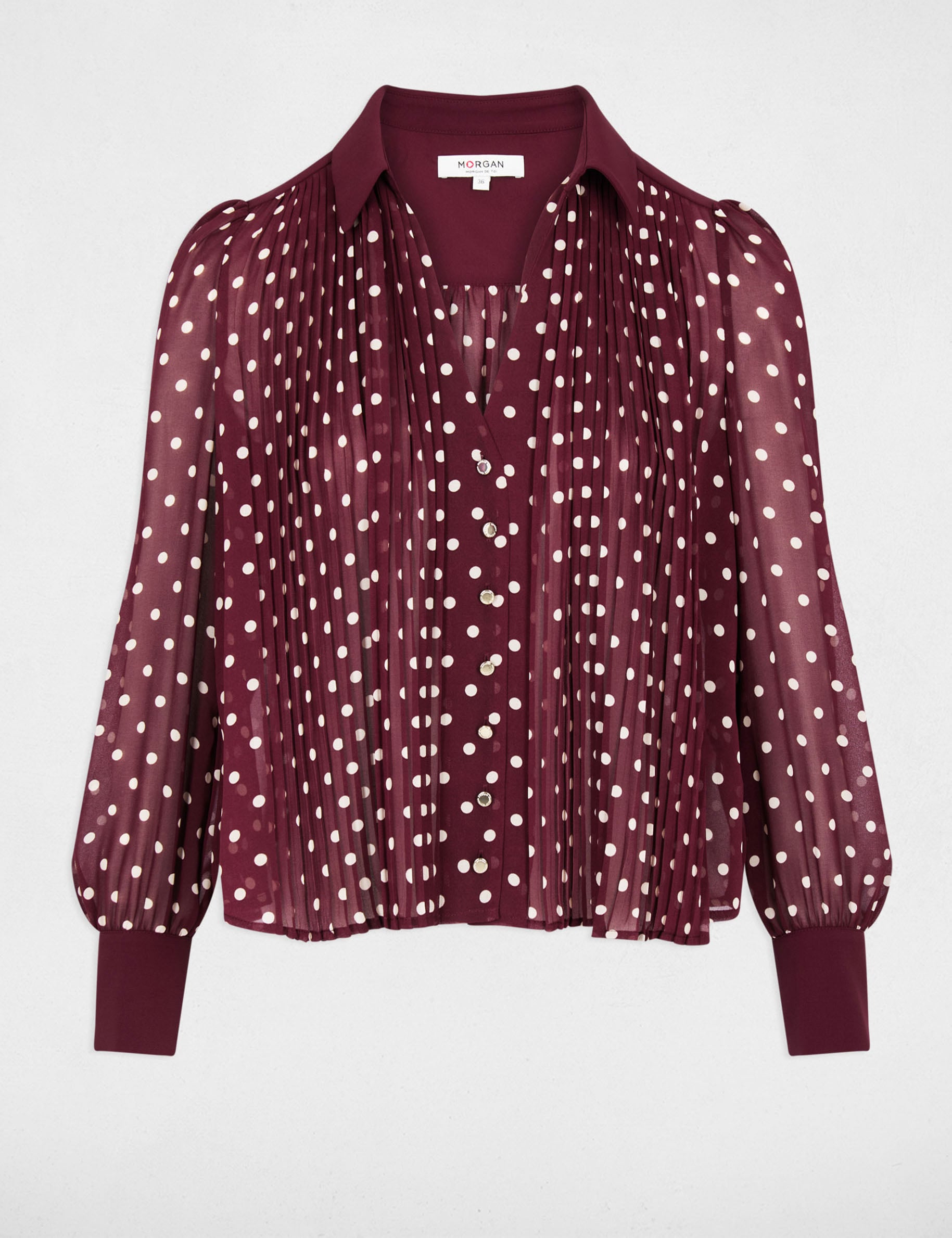 Chemise manches longues &agrave; pois bordeaux femme