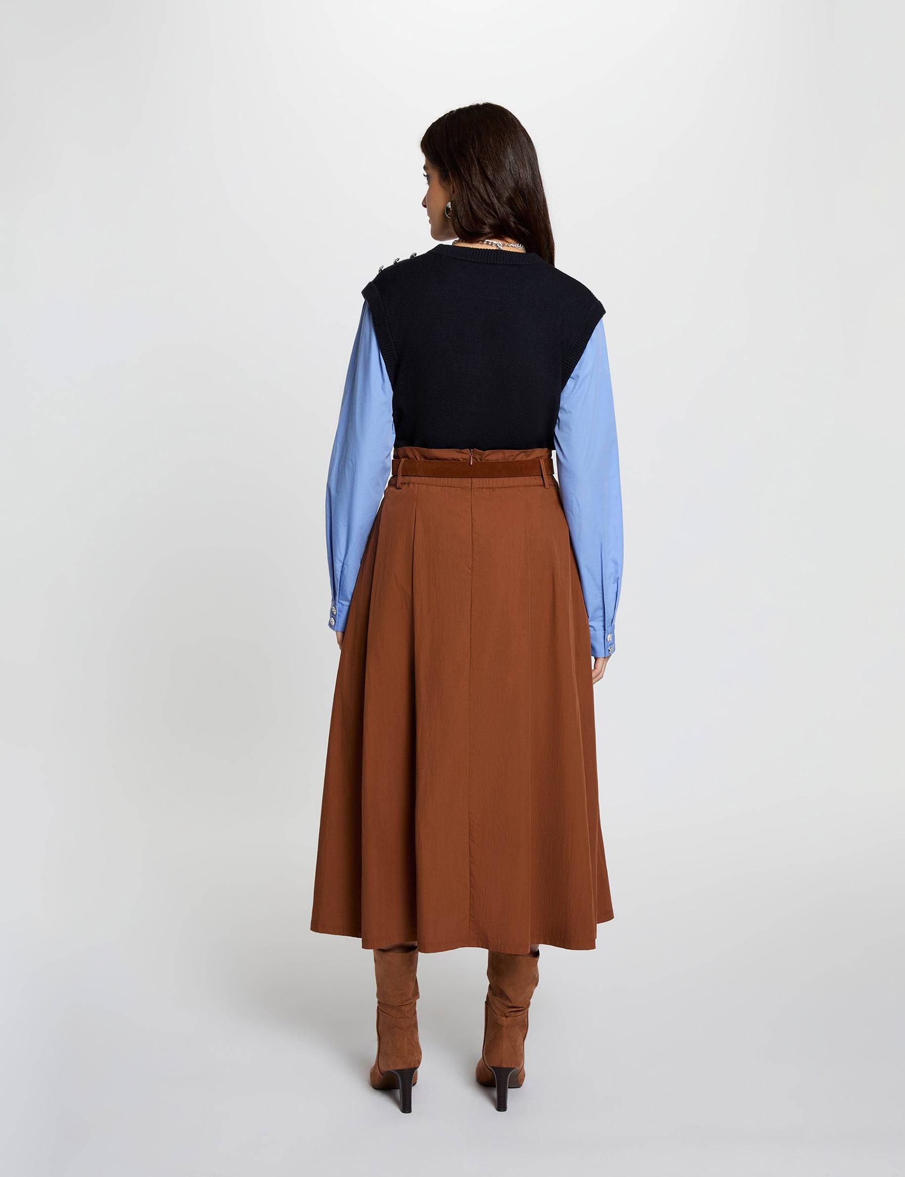 Jupe longue pliss&eacute;e marron cognac femme