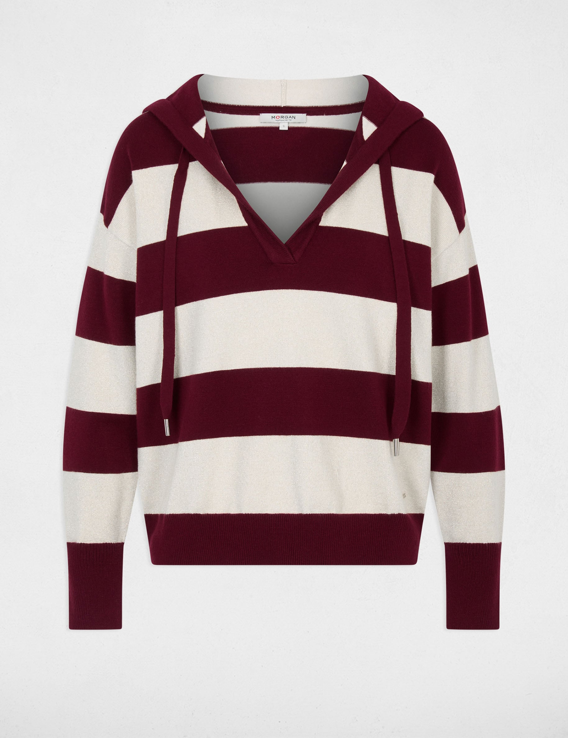 Pull ray&eacute; &agrave; capuche bordeaux femme