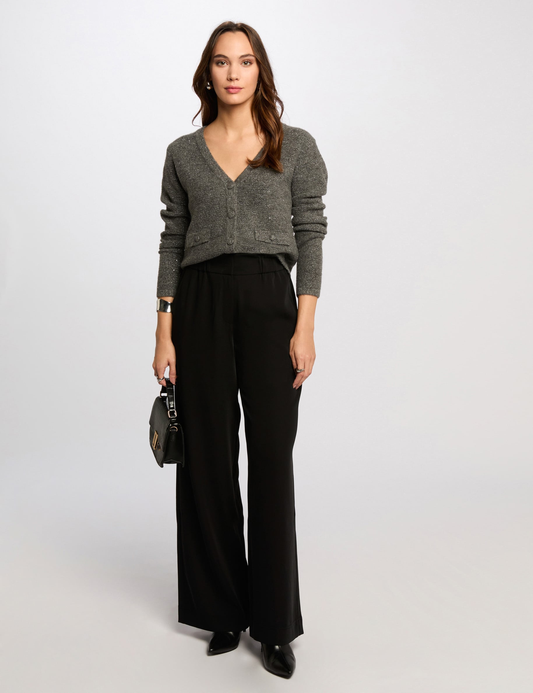 Pantalon large &agrave; fronces noir femme