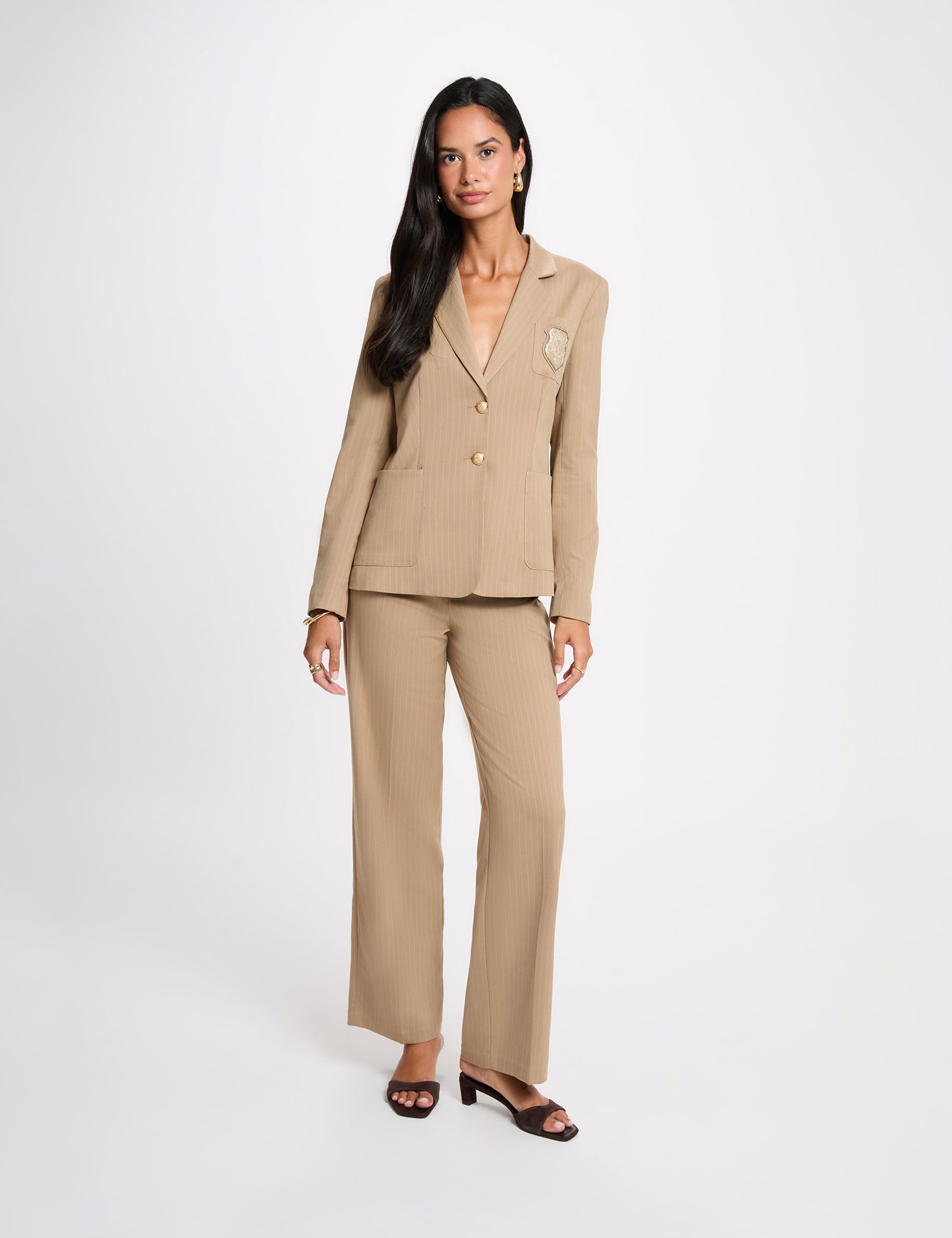 Blazer droit &agrave; rayures taupe femme