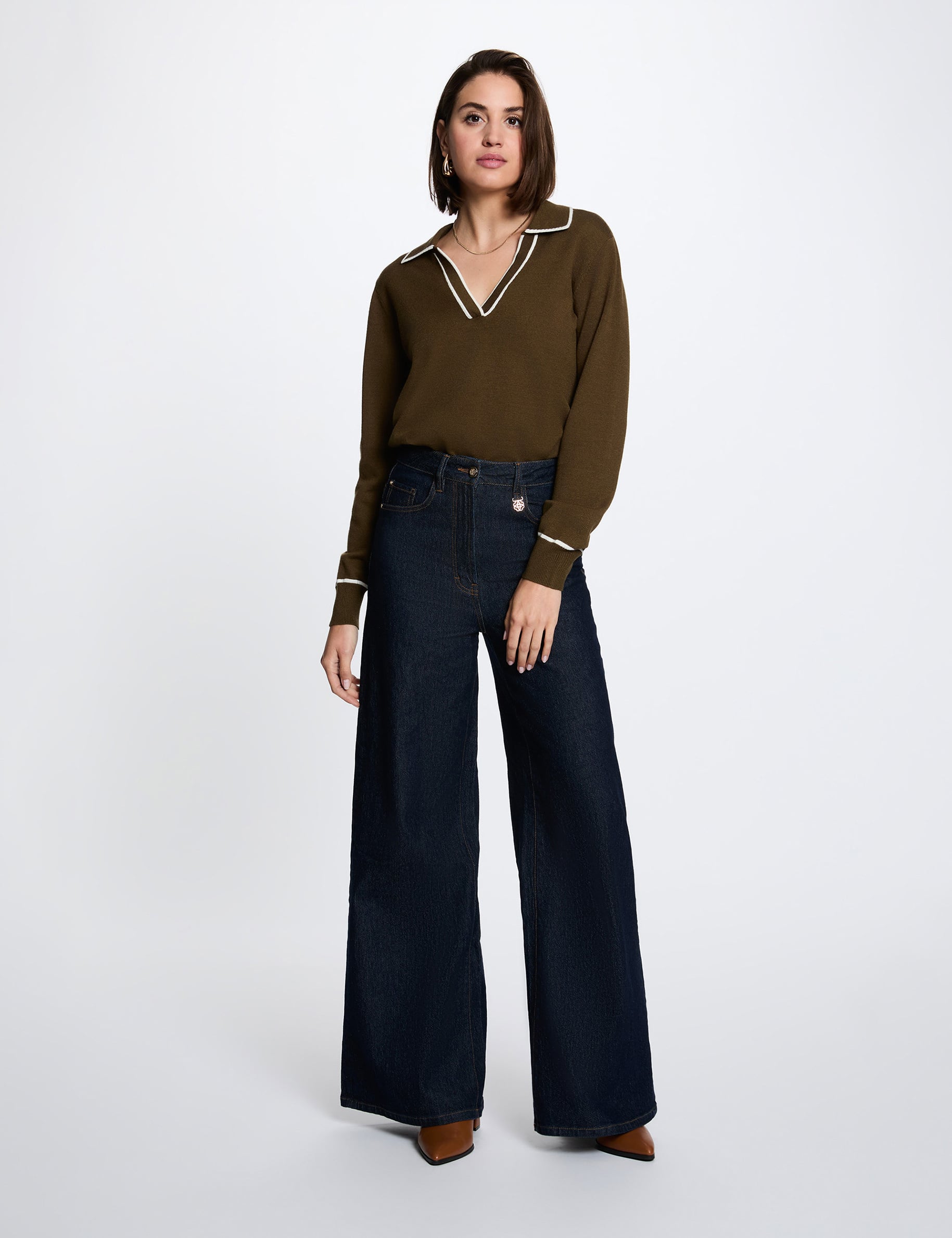 Pull col polo vert kaki femme