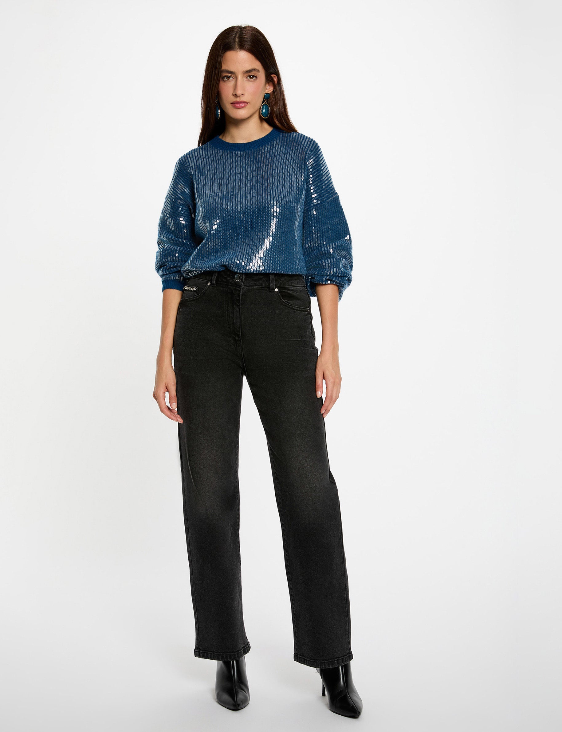 Pull sequins col rond bleu p&eacute;trole femme