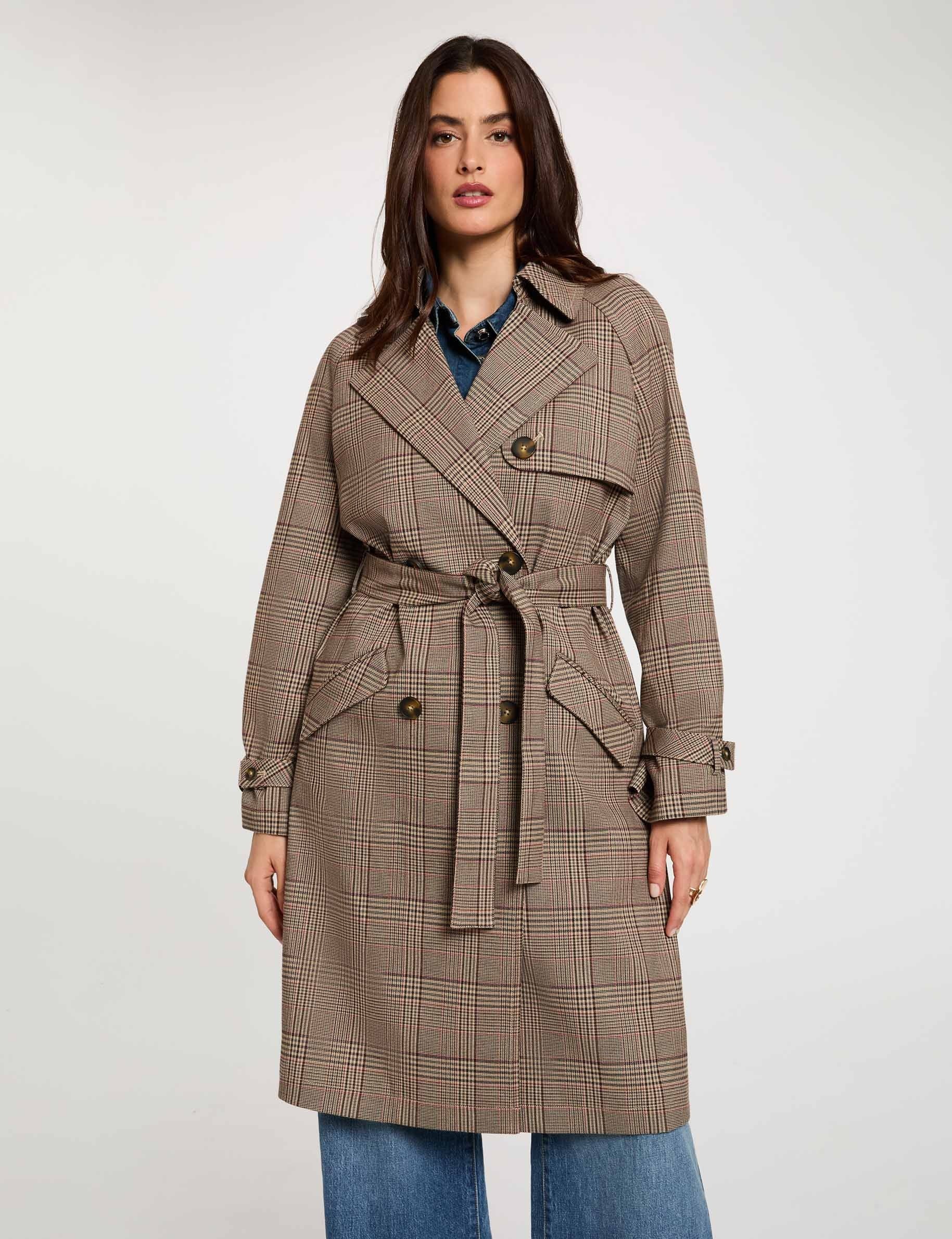 Trench long ceintur&eacute; multicolore femme