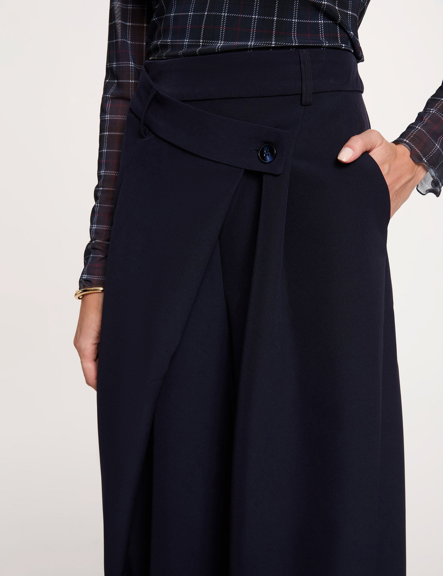 Pantalon large taille haute bleu marine femme