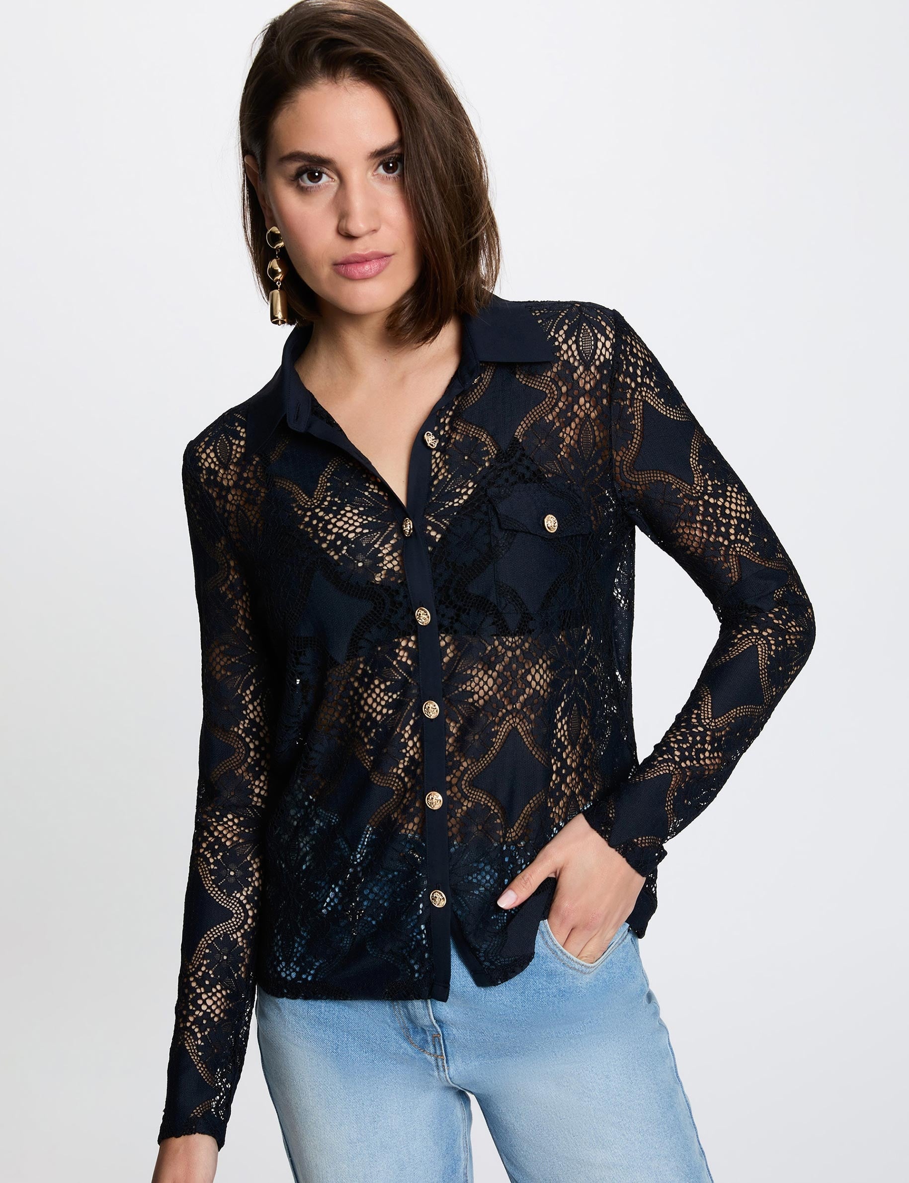 Chemise dentelle col &agrave; revers bleu marine femme