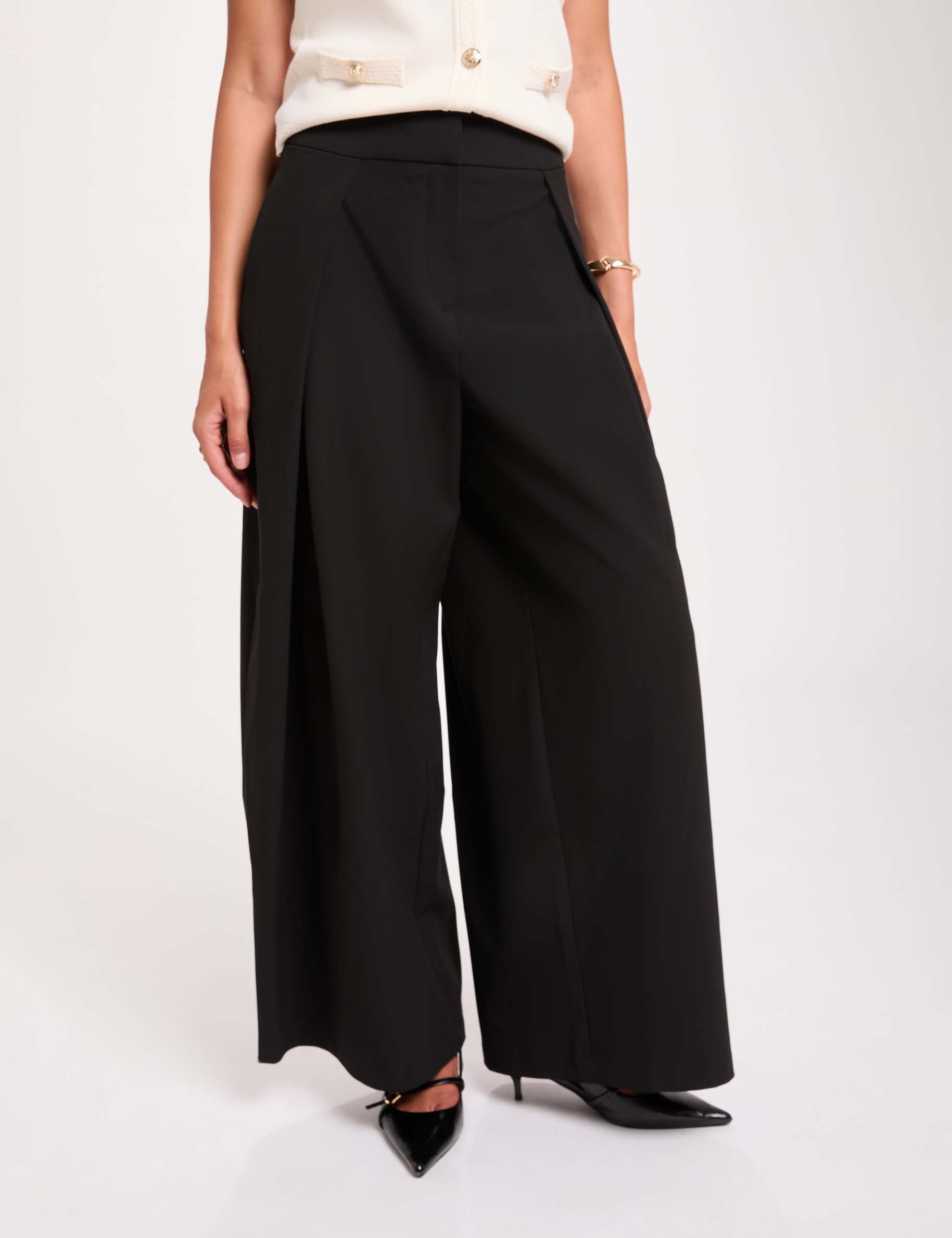 Pantalon taille haute large noir femme