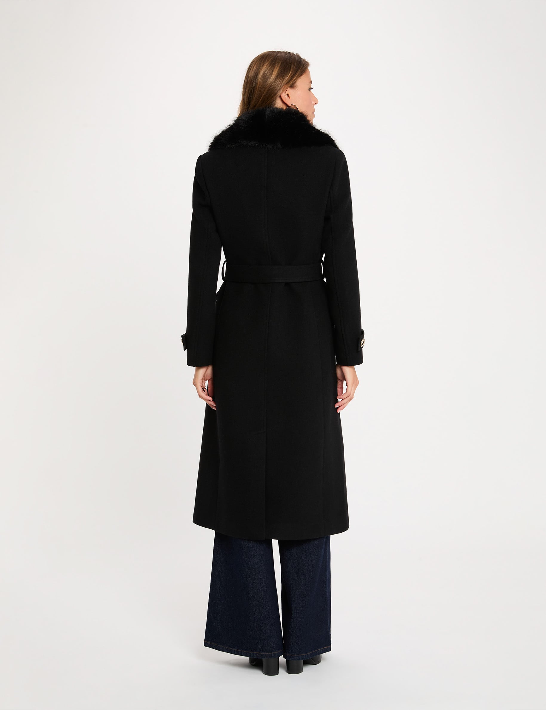 Manteau long ceintur&eacute; noir femme