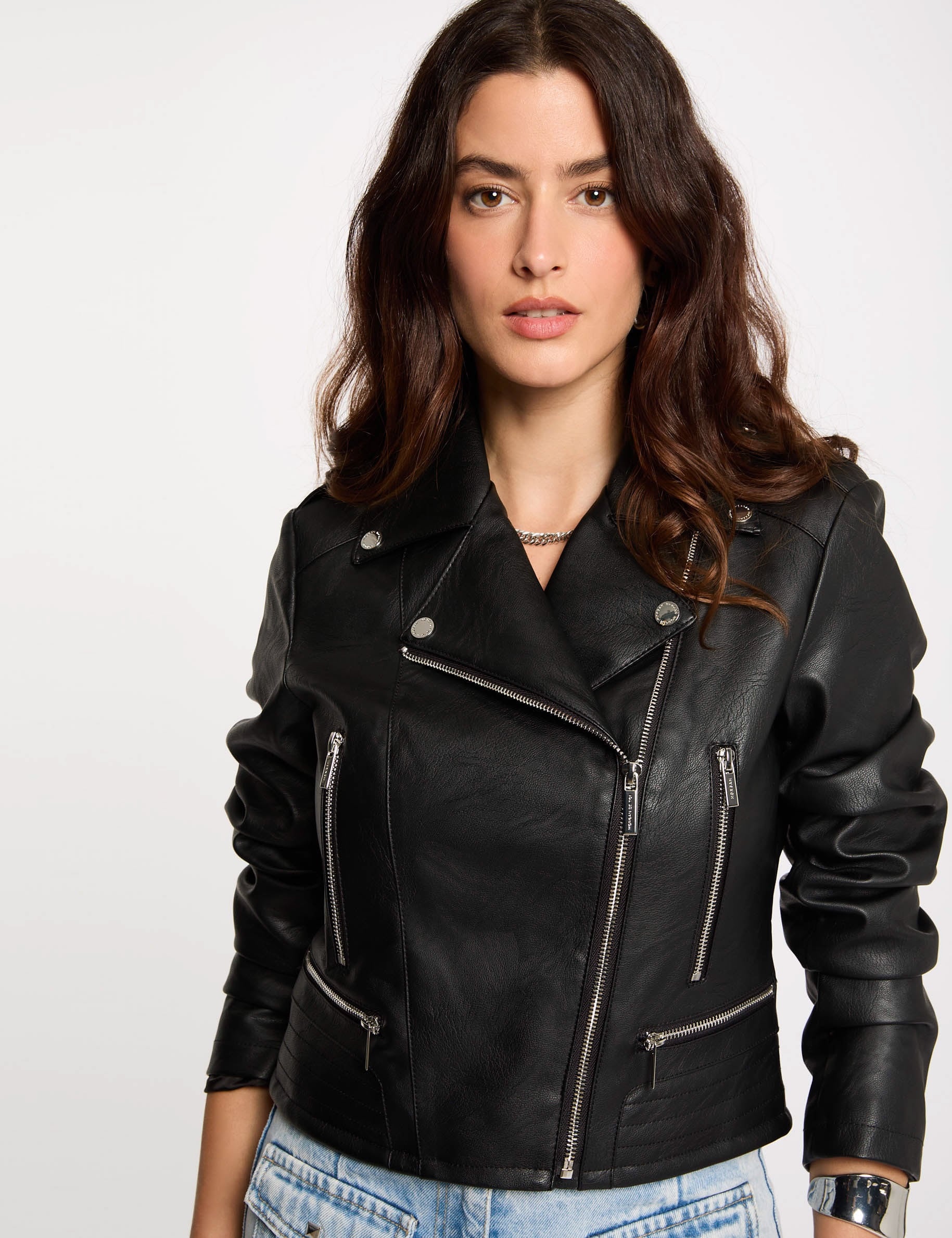 Blouson droit avec col crant&eacute; &agrave; revers noir femme