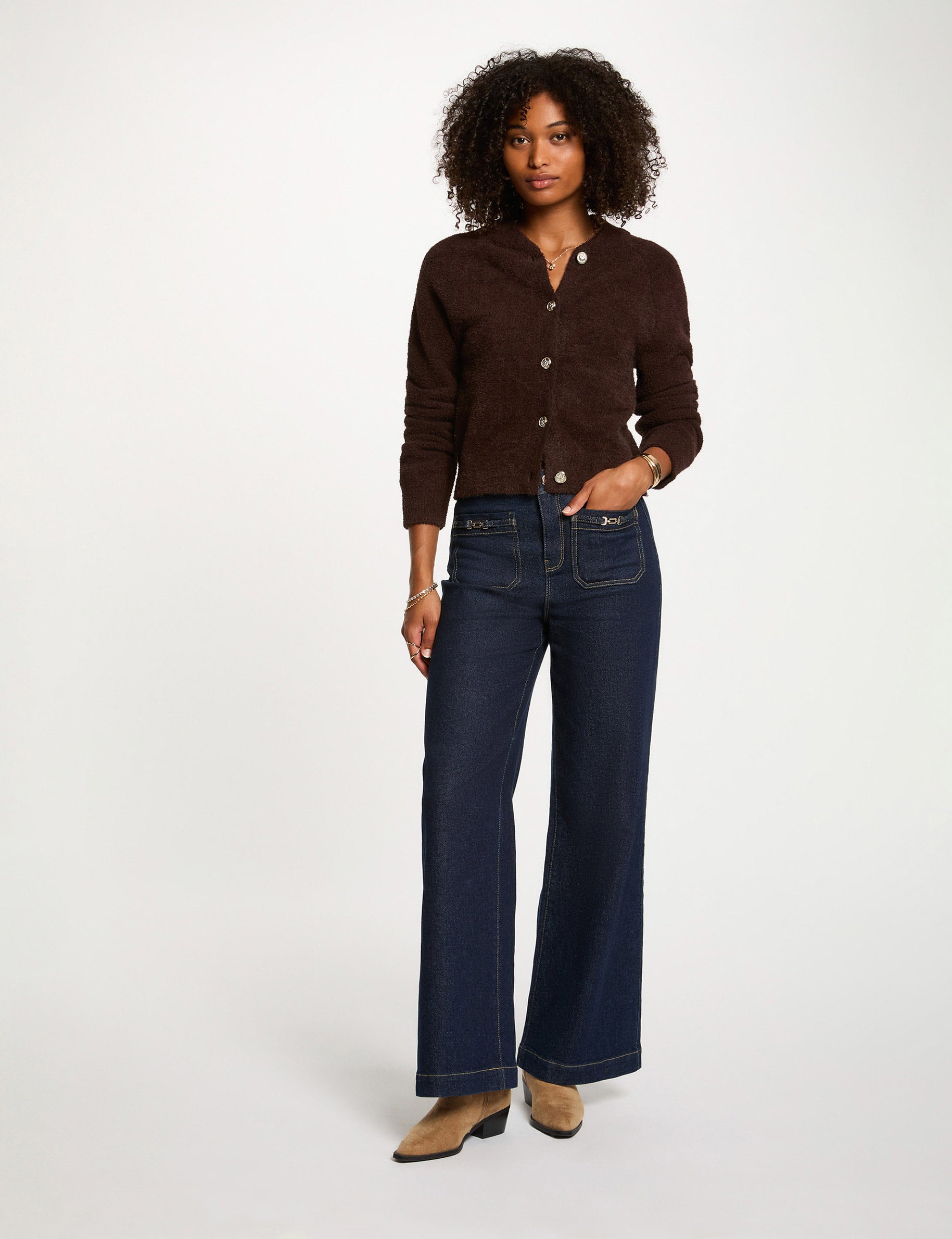 Gilet manches longues marron fonc&eacute; femme