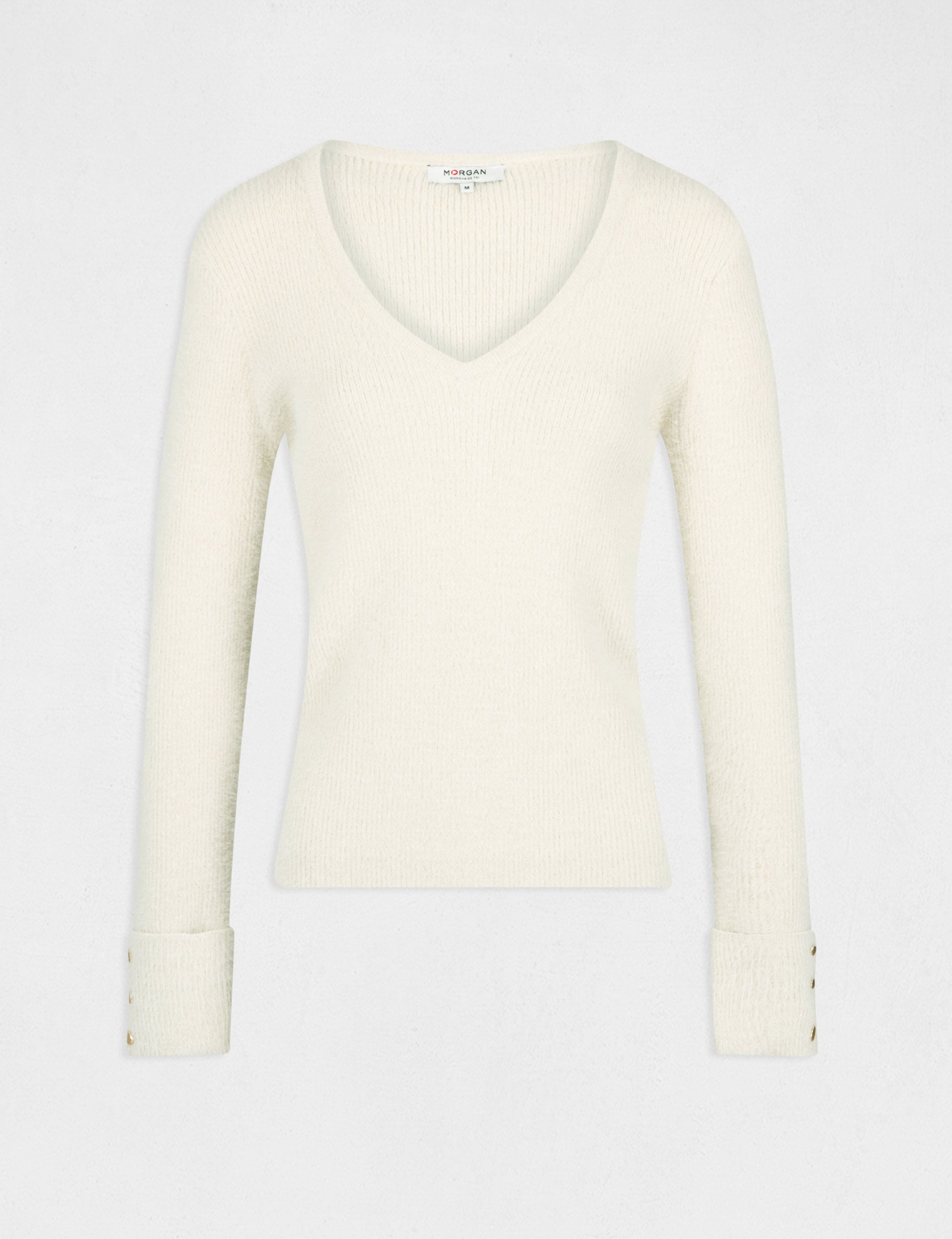 Pull manches longues avec col en V ivoire femme