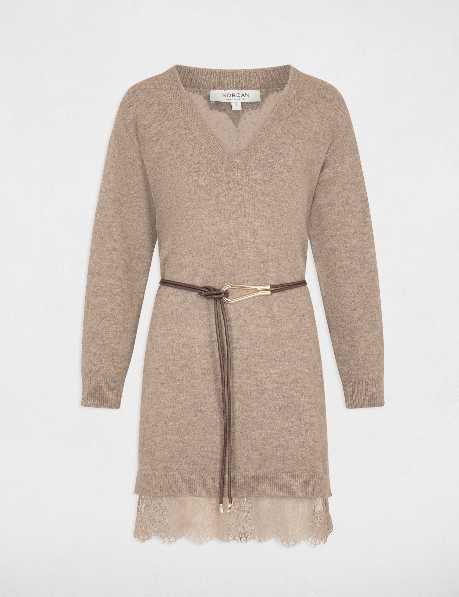 Robe tricot col v taupe femme
