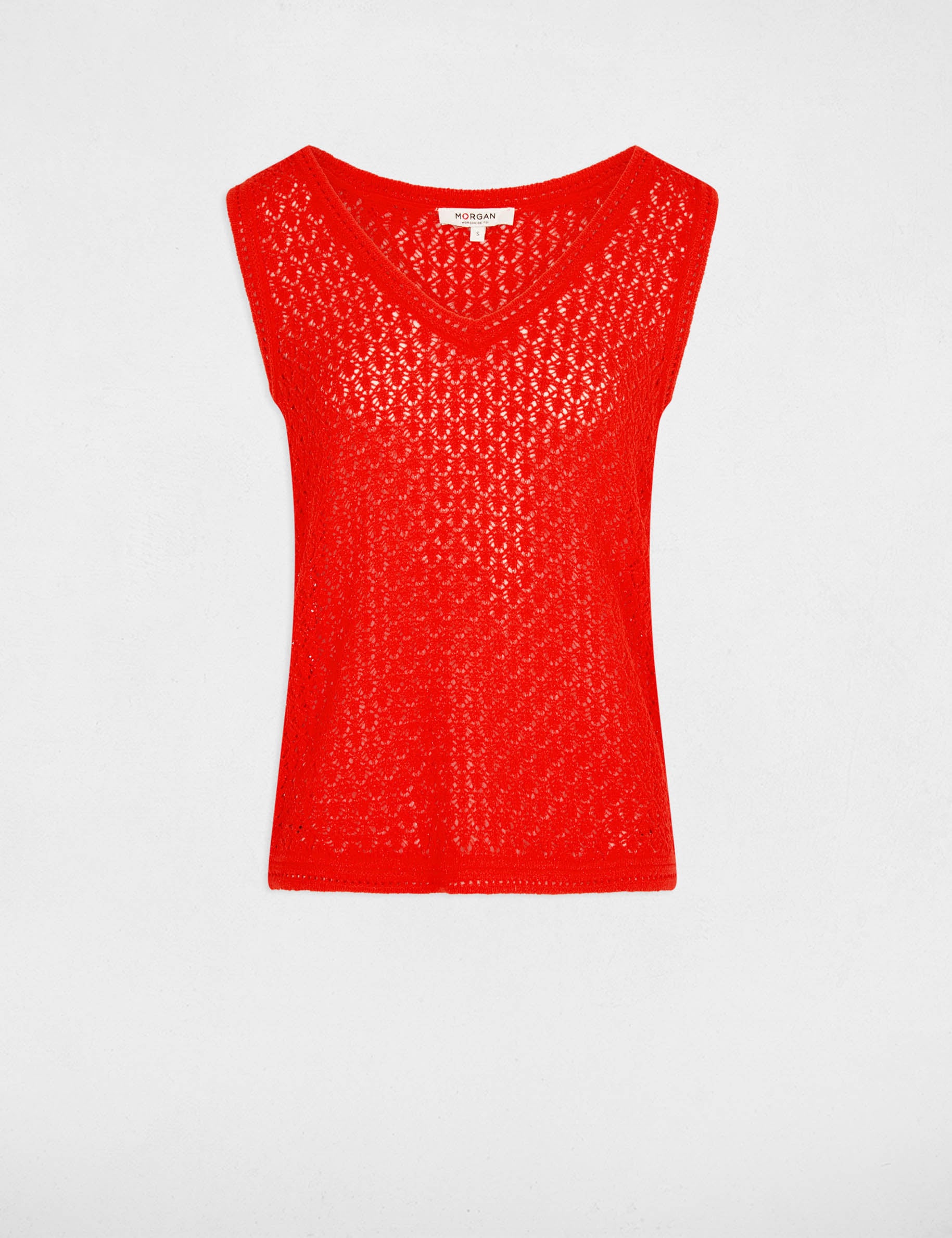 Top crochet col v rouge vif femme