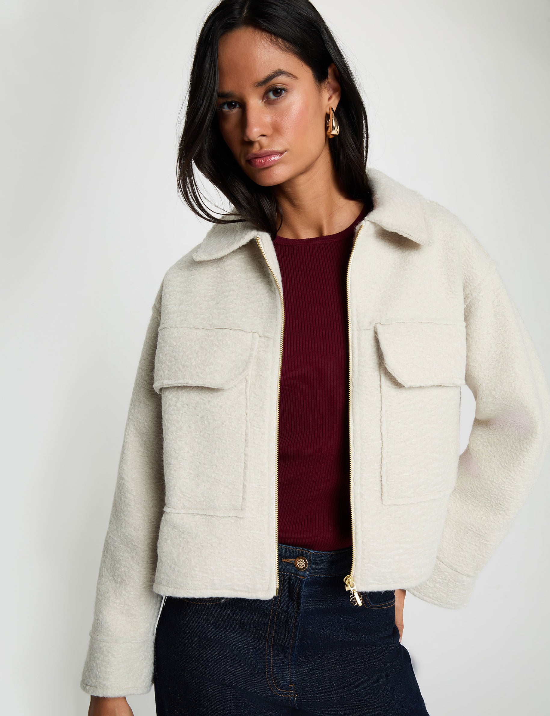 Manteau court duveteux ivoire femme
