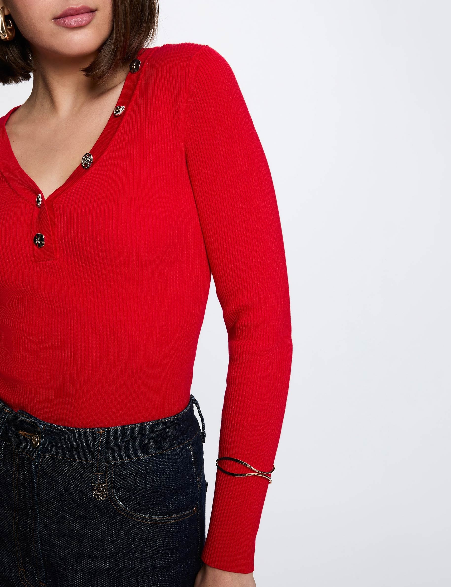 Pull col v fantaisie rouge femme