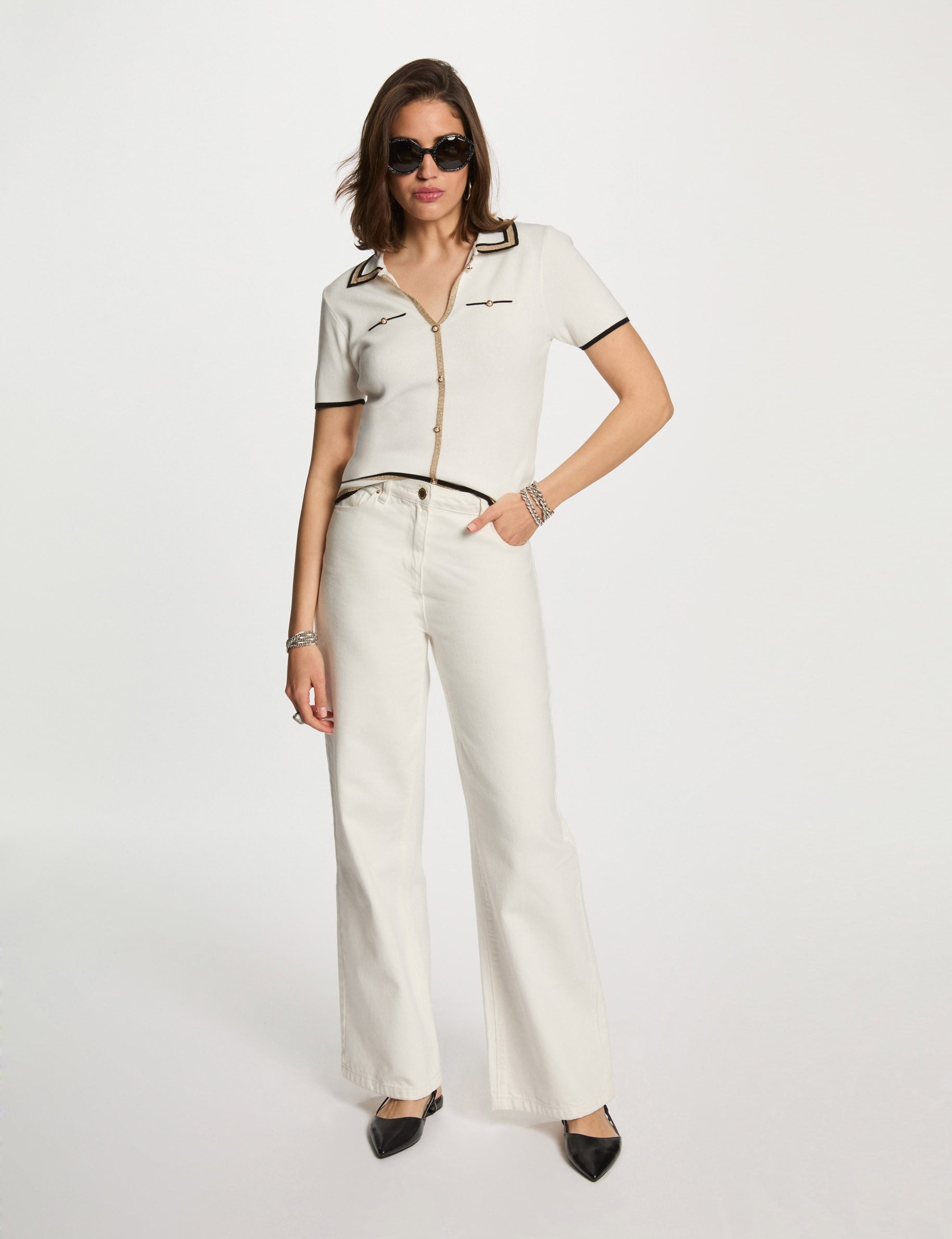 Pull col polo manches courtes blanc femme