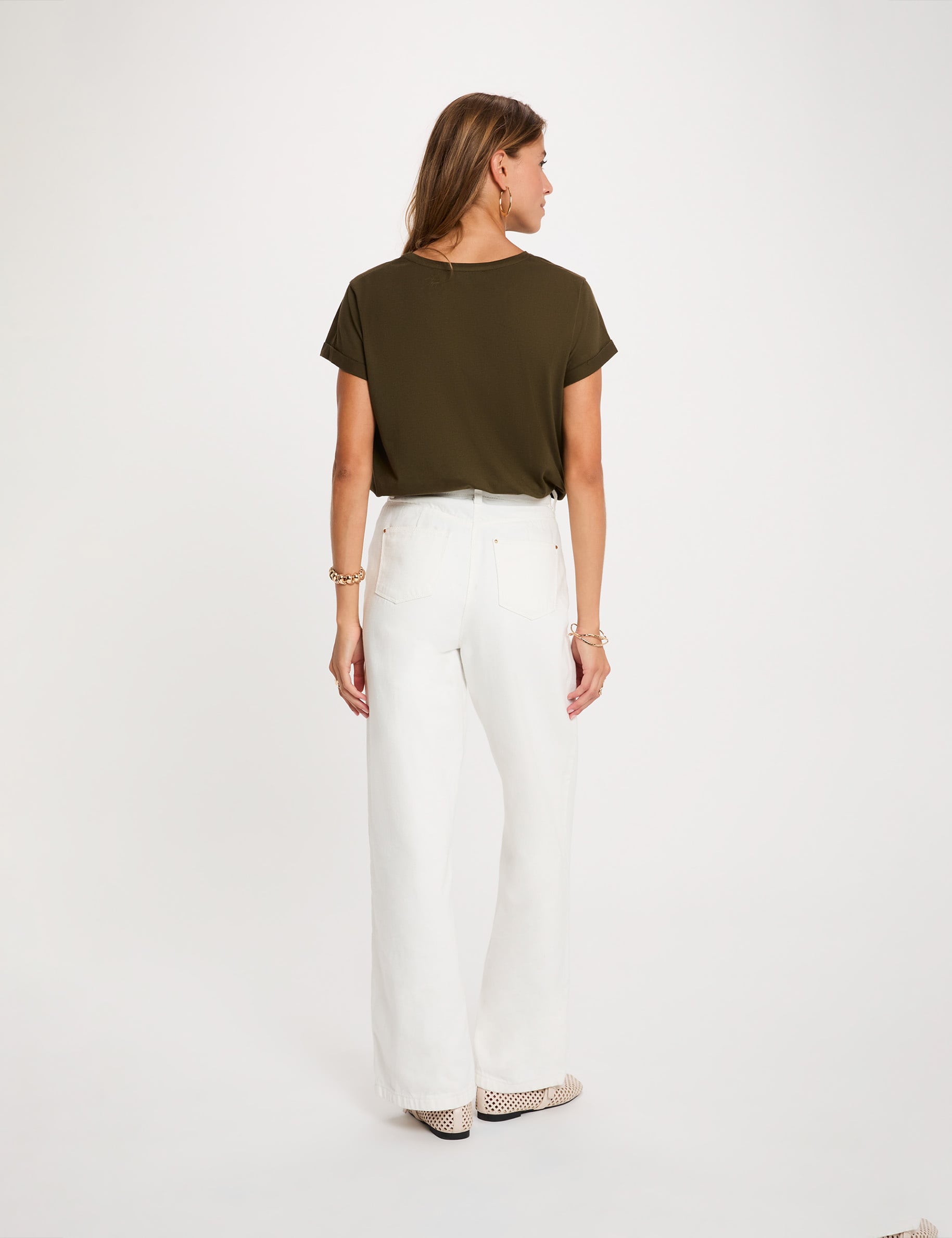 T-shirt col rond manches courtes vert kaki femme
