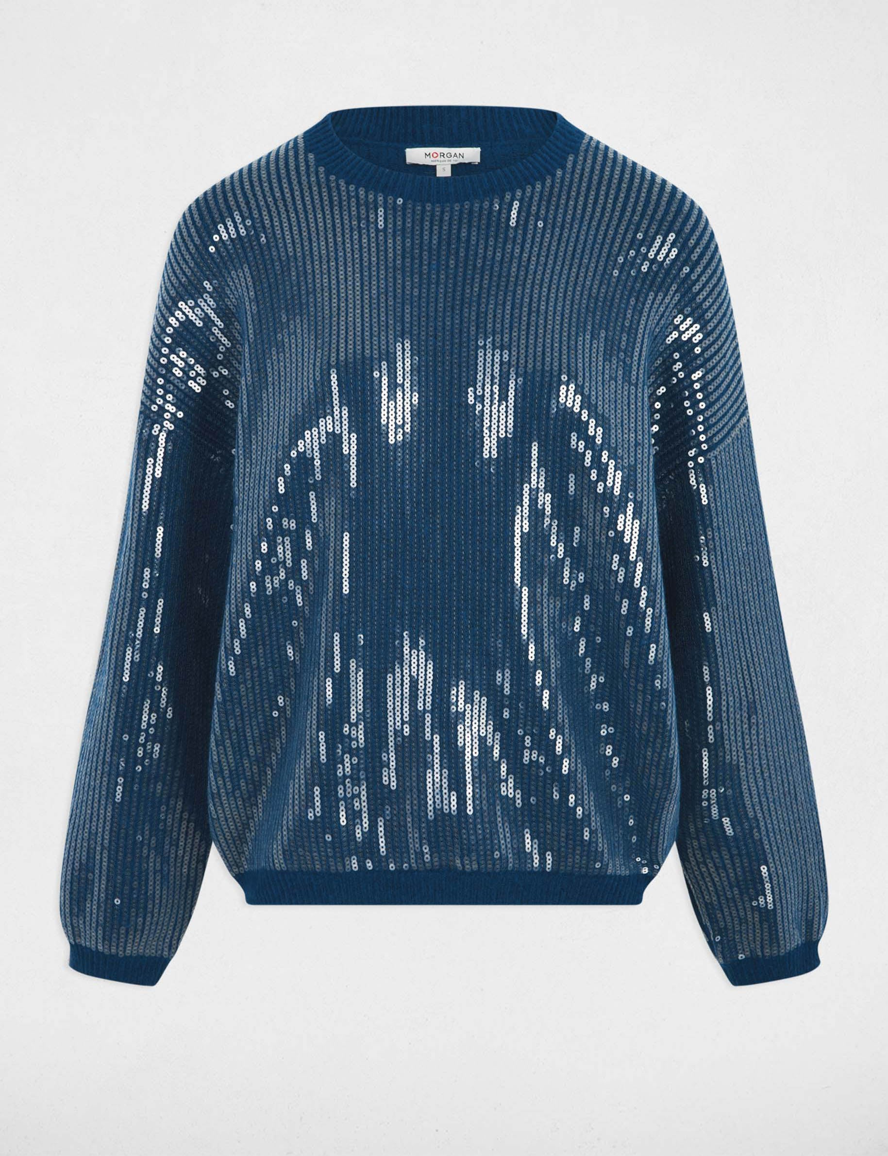 Pull sequins col rond bleu p&eacute;trole femme
