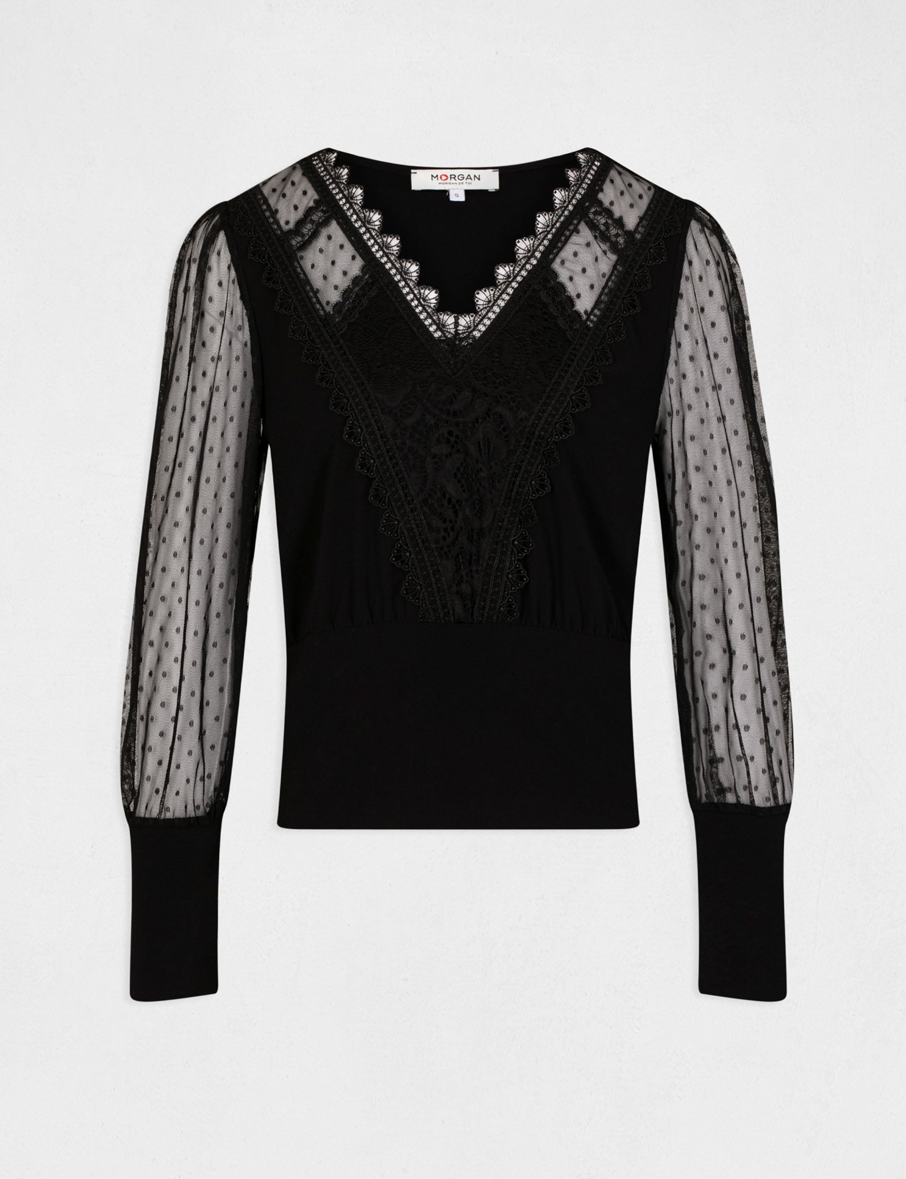 T-shirt manches longues avec plumetis noir femme