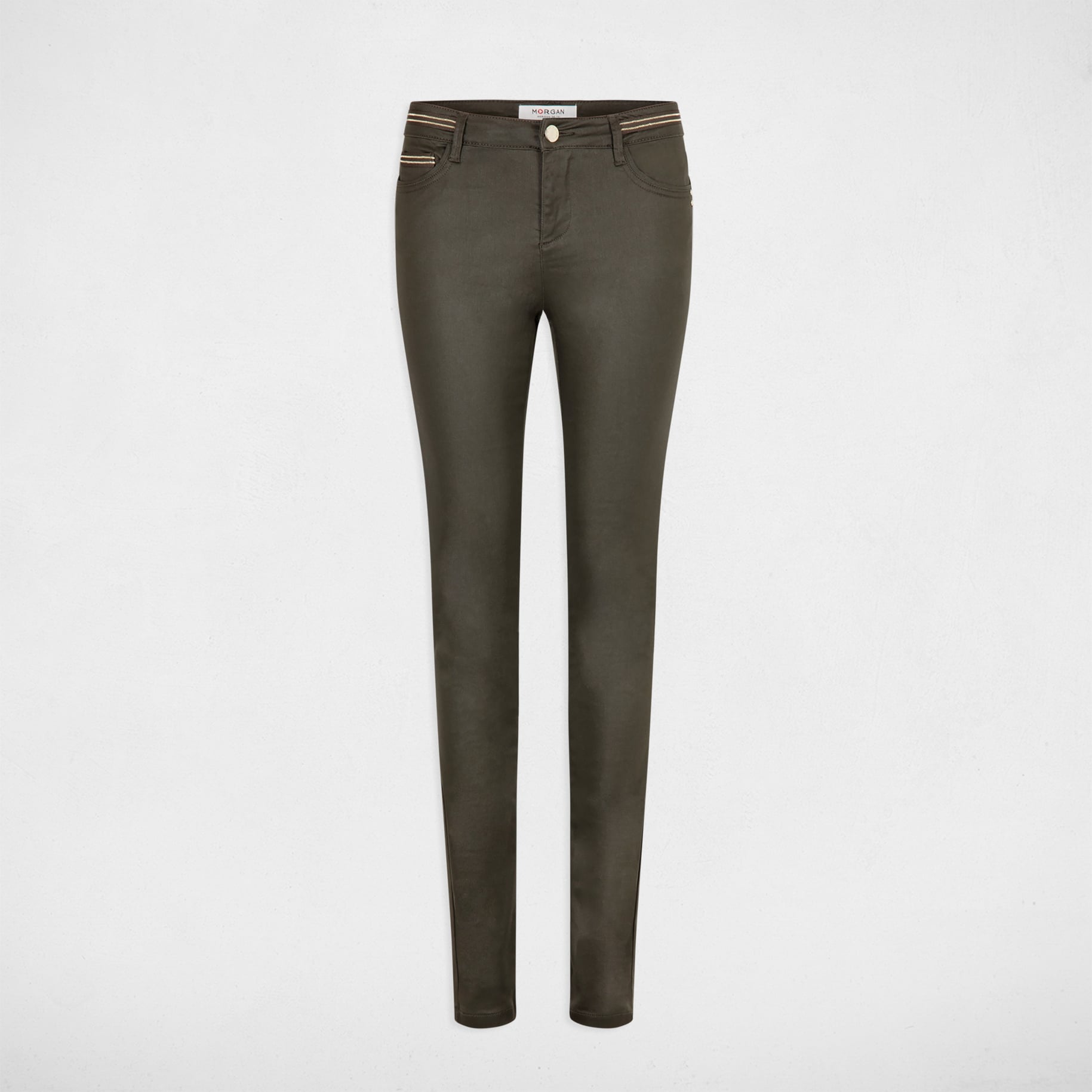 Pantalon slim enduit vert fonc&eacute; femme