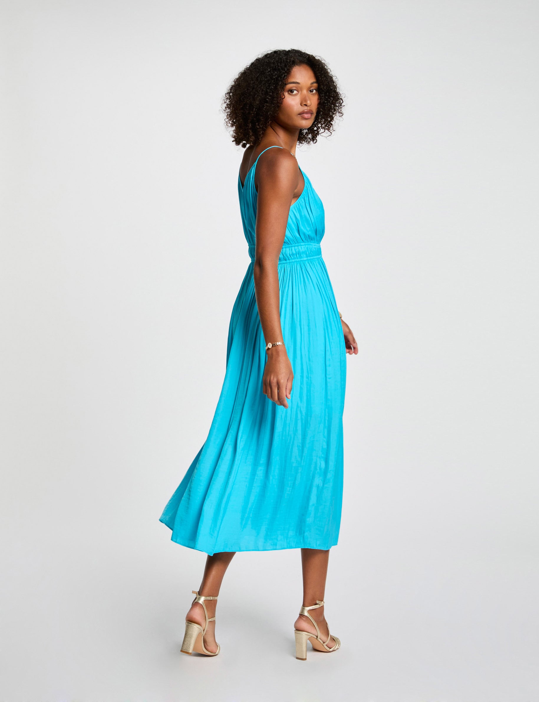 Robe midi droite pliss&eacute;e bleu ciel femme