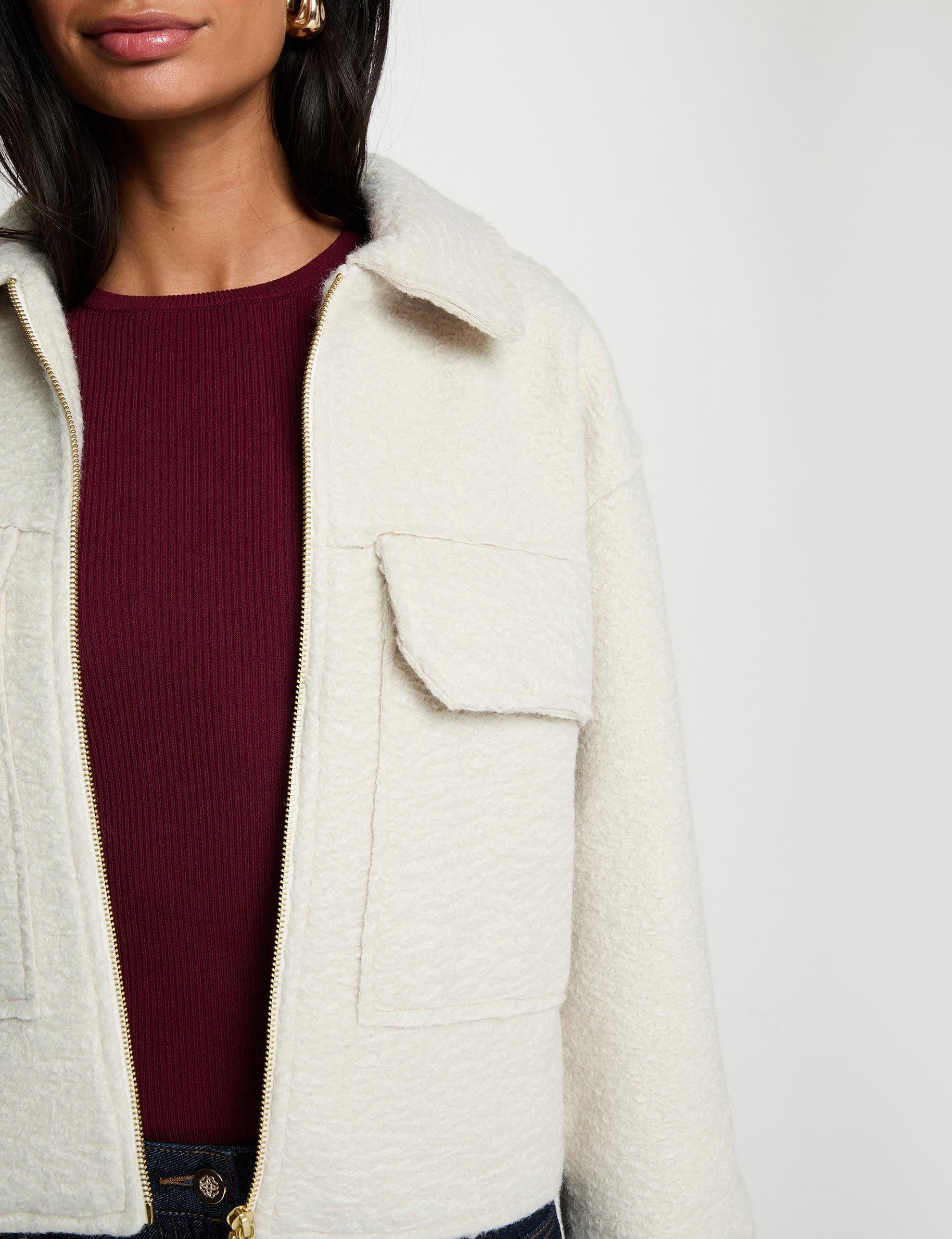Manteau court duveteux ivoire femme