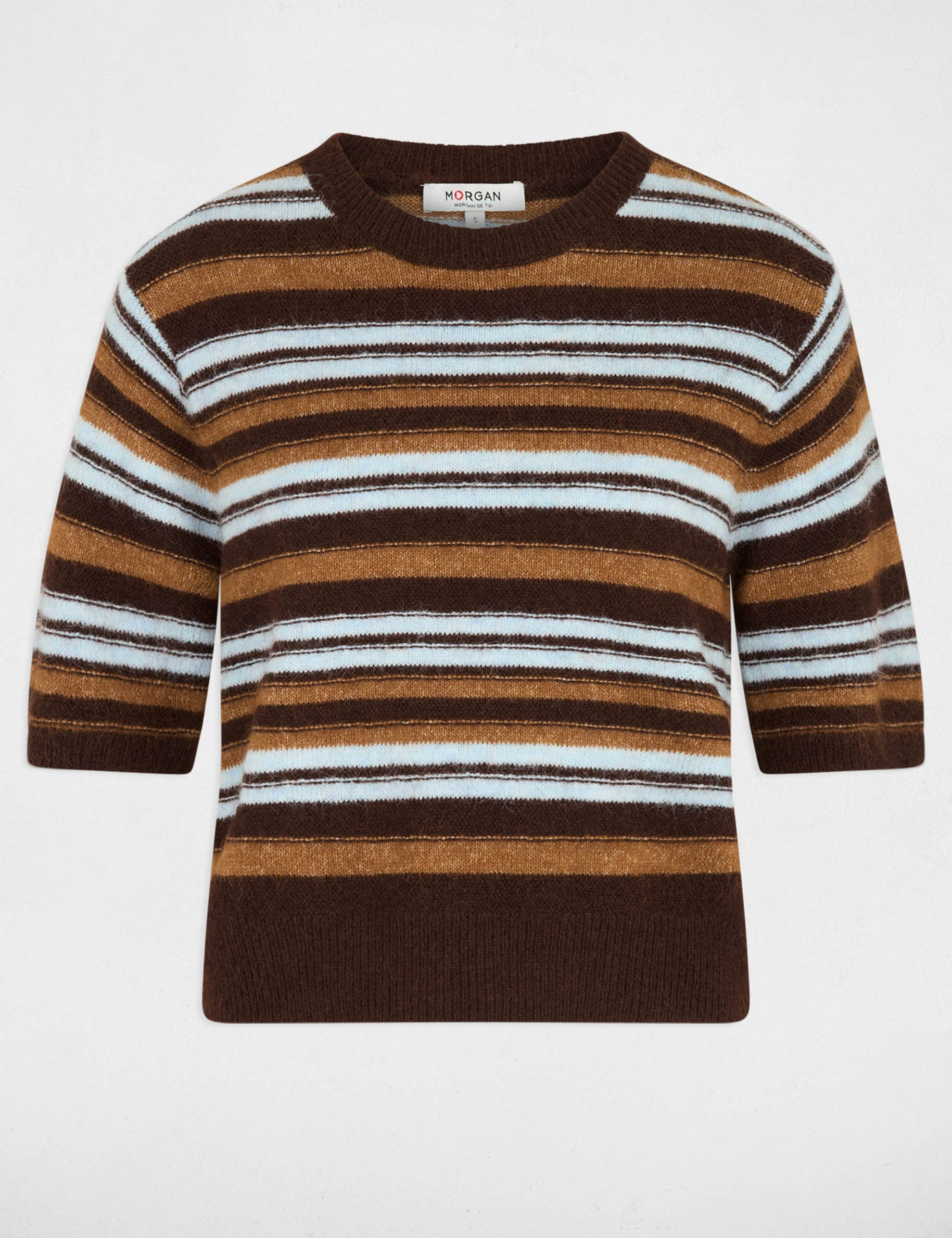 Pull manches courtes ray&eacute; marron femme