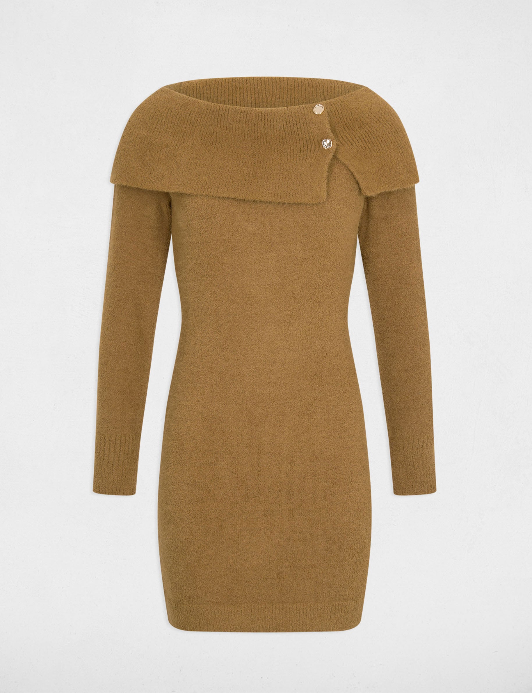 Robe tricot col bardot camel femme